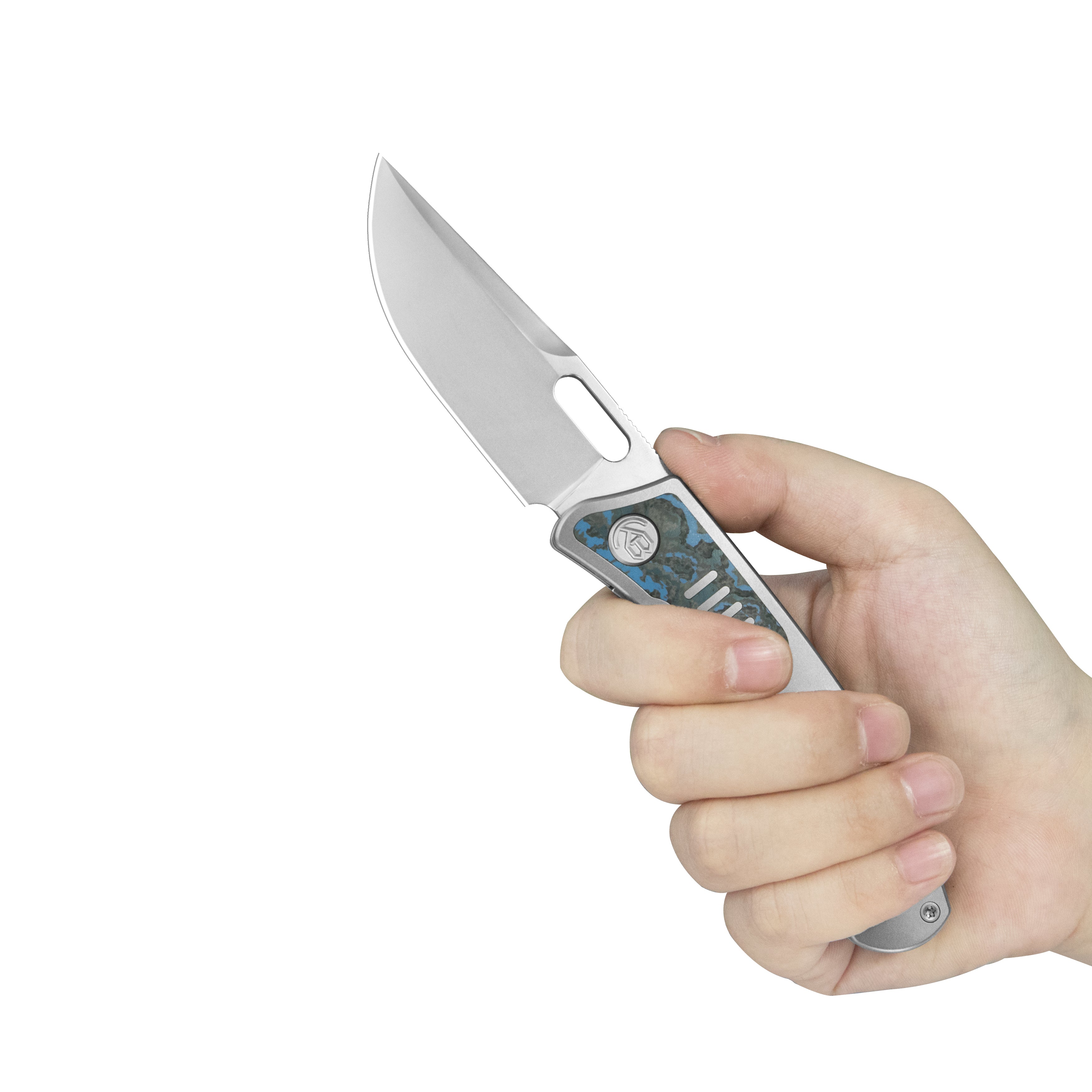 KB Common Thread Folding Knife Sand Blasting Titanium with Arctic Storm Camo Inlay Handle 3.35'' Silver Bead Blasting M390 Blade KB377C