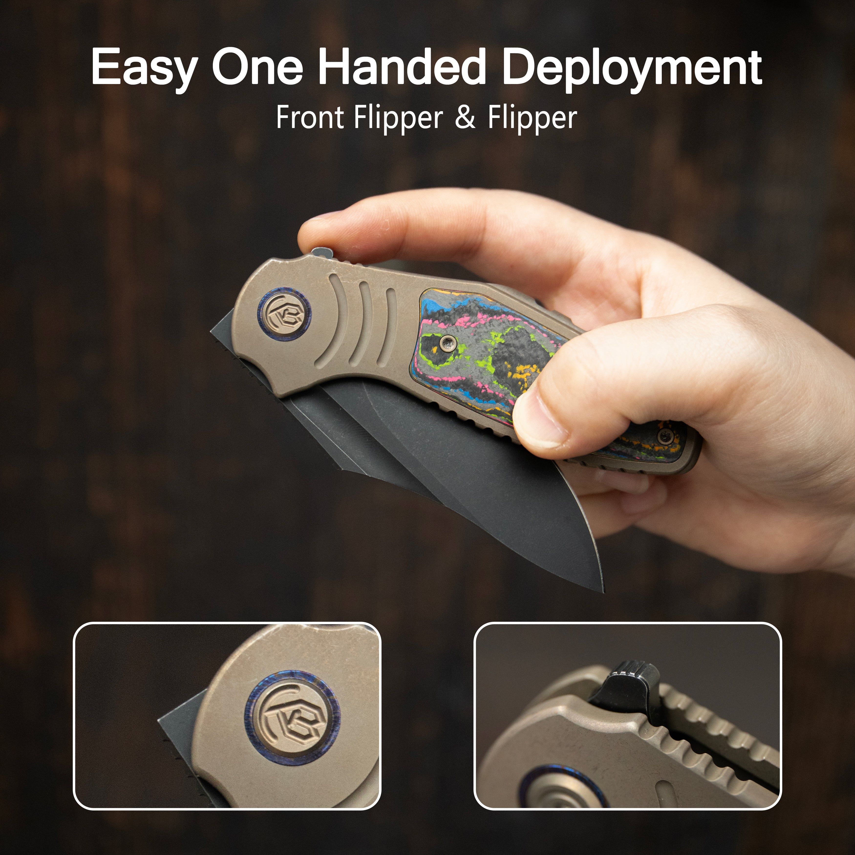 KB Stroller Folding Knife Gray Titanium/CF Inlays Handle 3.35" Darkwash CPM 20CV Blade KB384B