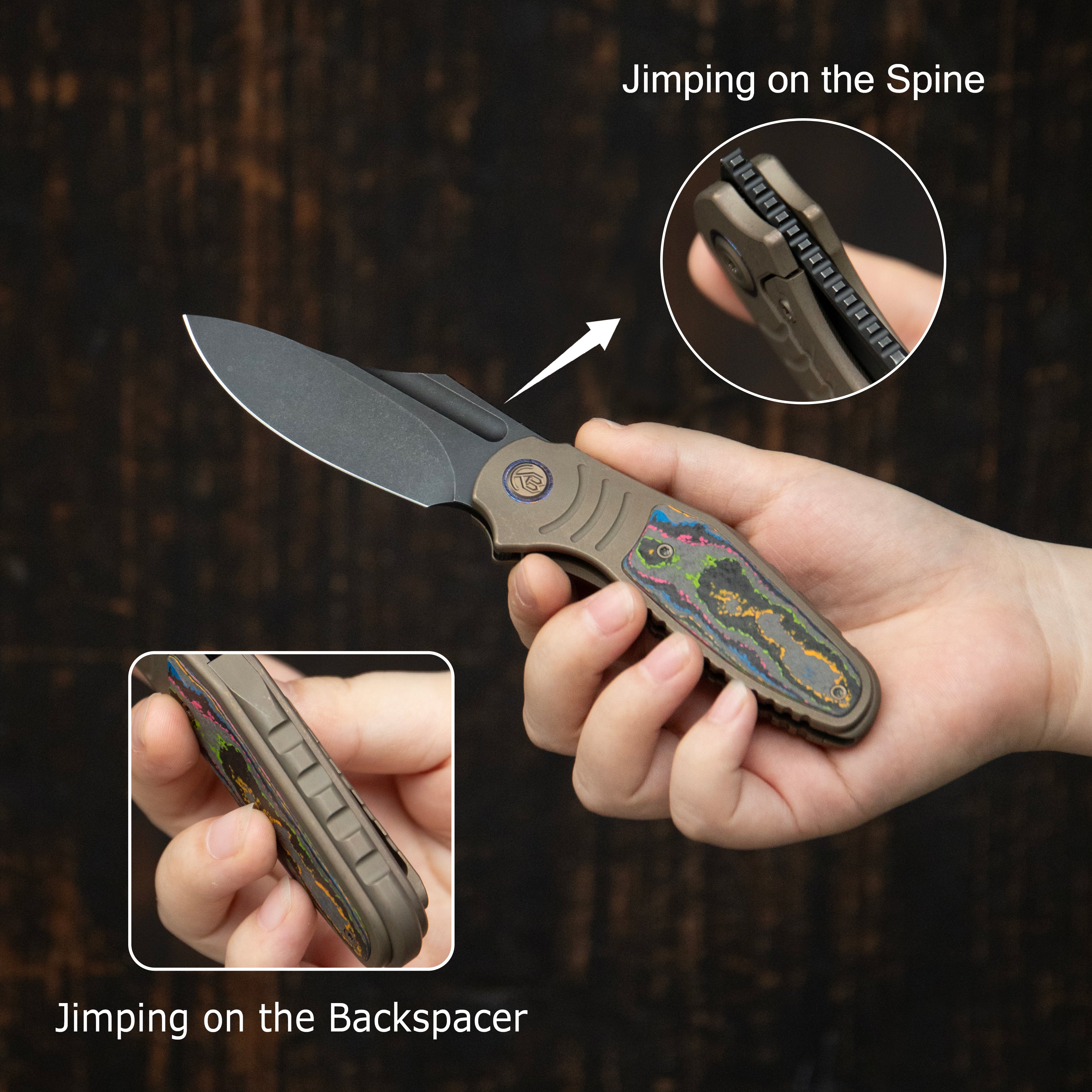 KB Stroller Folding Knife Gray Titanium/CF Inlays Handle 3.35" Darkwash CPM 20CV Blade KB384B