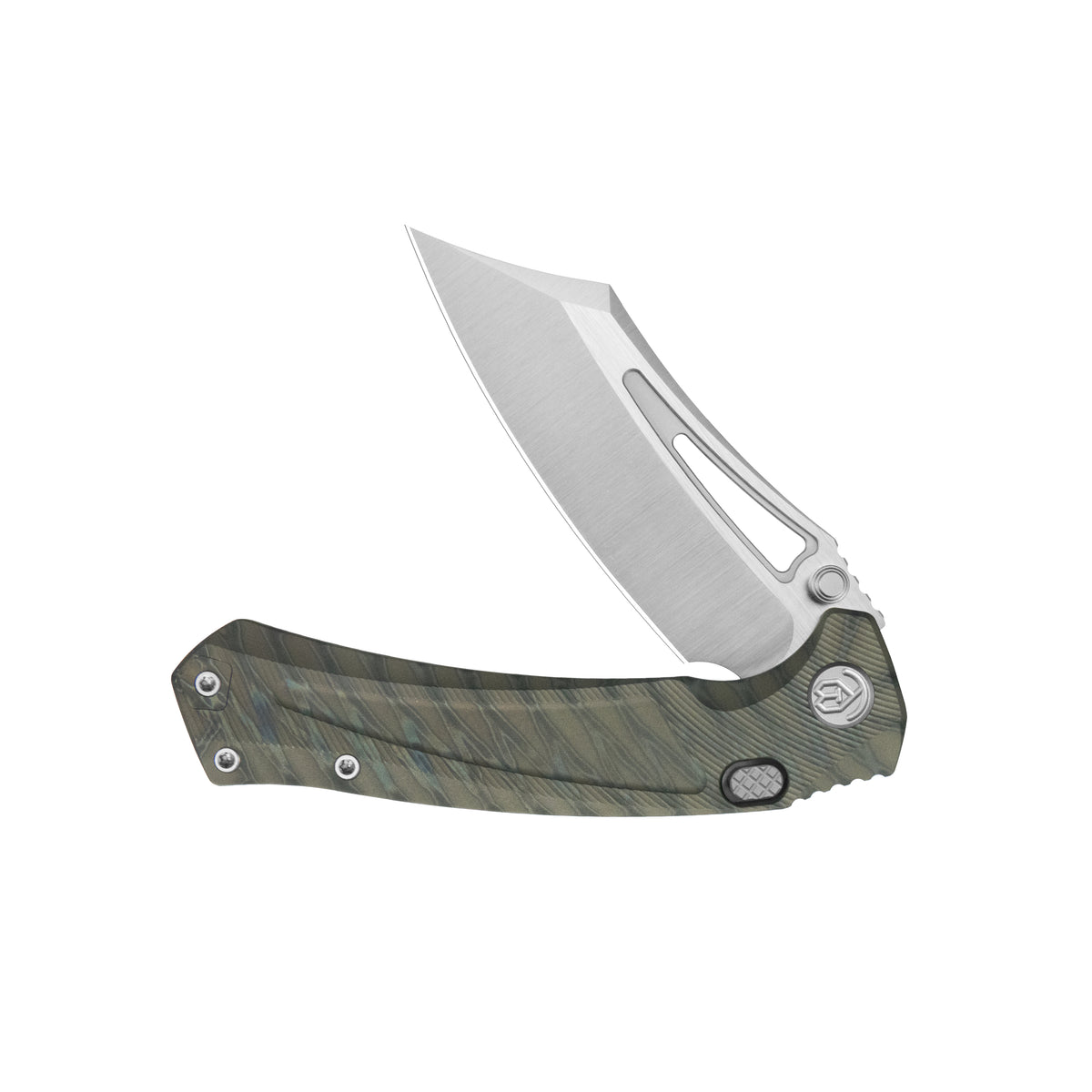 KB Pirate Folding Knife Flame Ano Titanium Handle 3.46" Belt Satin M390 Blade KB398B