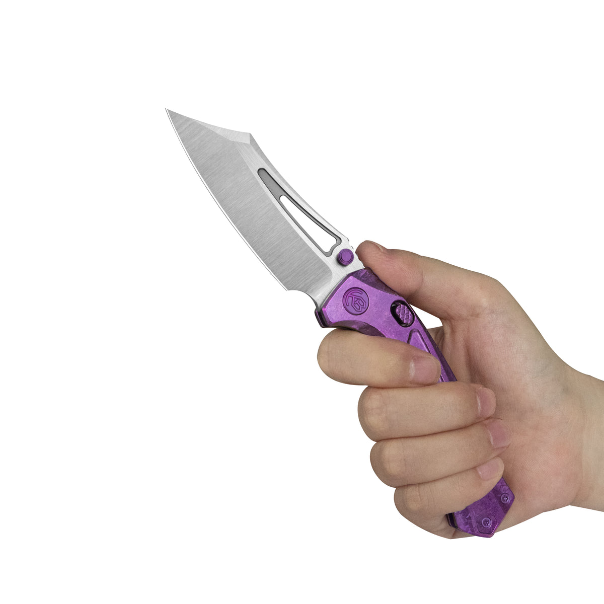 KB Pirate Folding Knife Purple Ano Crystallized Titanium Handle 3.46" Belt Satin M390 Blade KB398D