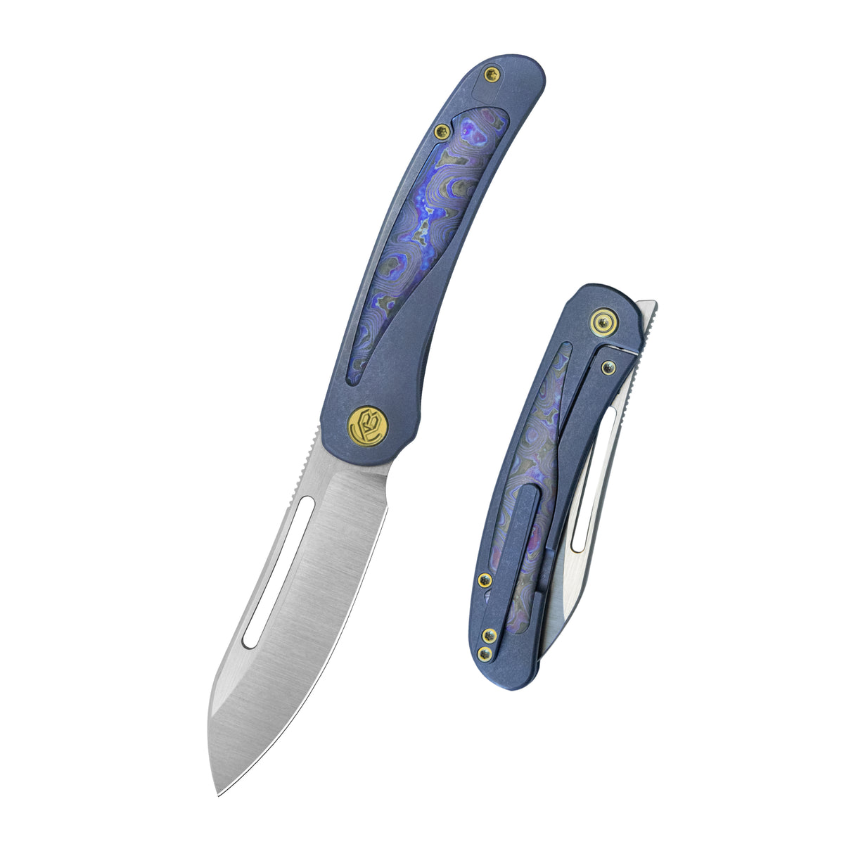KB Finesse Folding Knife Blue Ano Titanium with Purple Carbon inlay Handle 3.54" Belt Satin Bohler M390 Blade KB399B