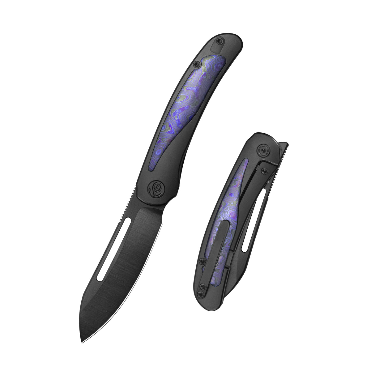 KB Finesse Folding Knife DLC Titanium with Zircuti inlay Handle 3.54" DLC Belt Satin Bohler M390 Blade KB399D