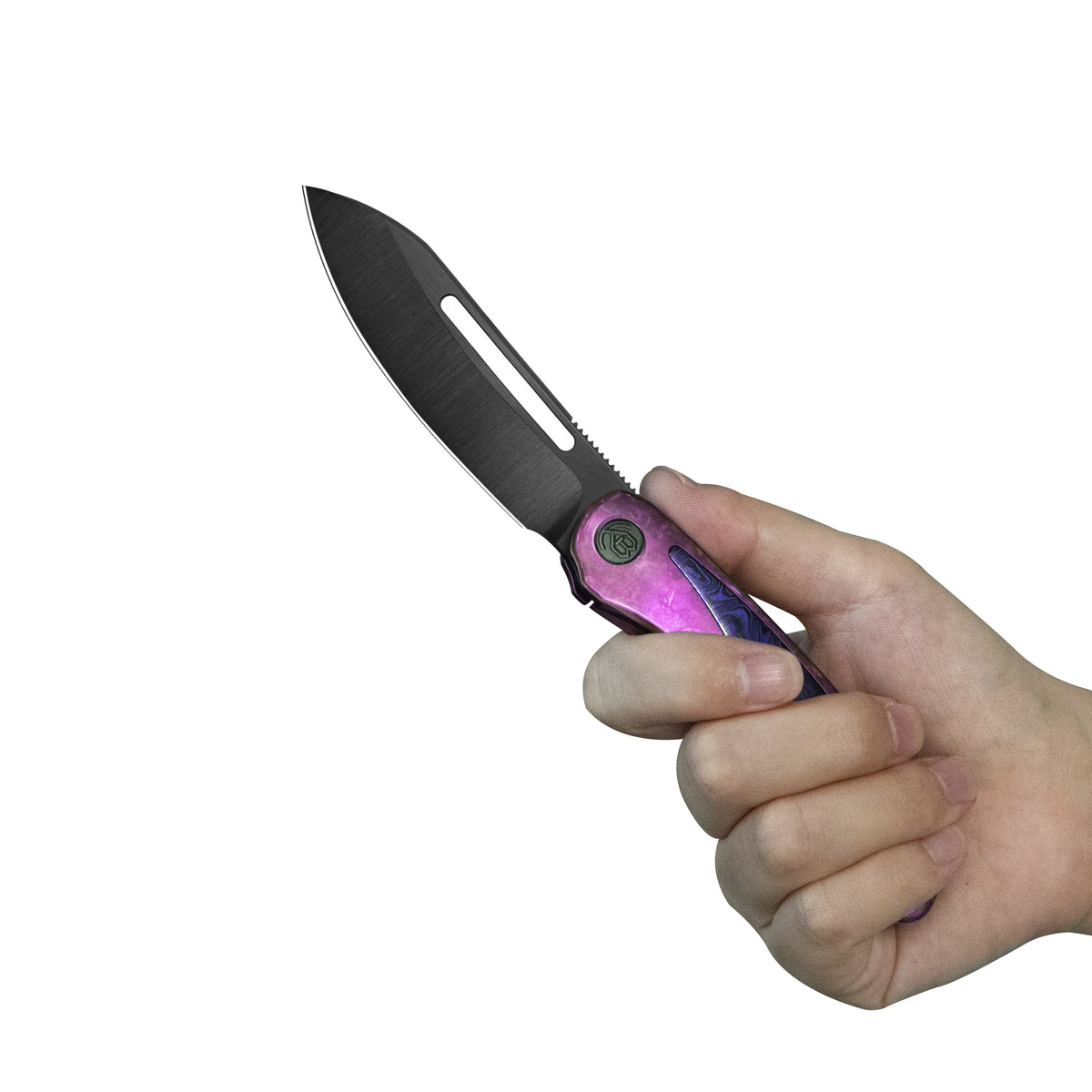 KB Finesse Folding Knife Purple Ano Crystallized Titanium with Zircuti inlay Handle 3.54" DLC Belt Satin Bohler M390 Blade KB399E