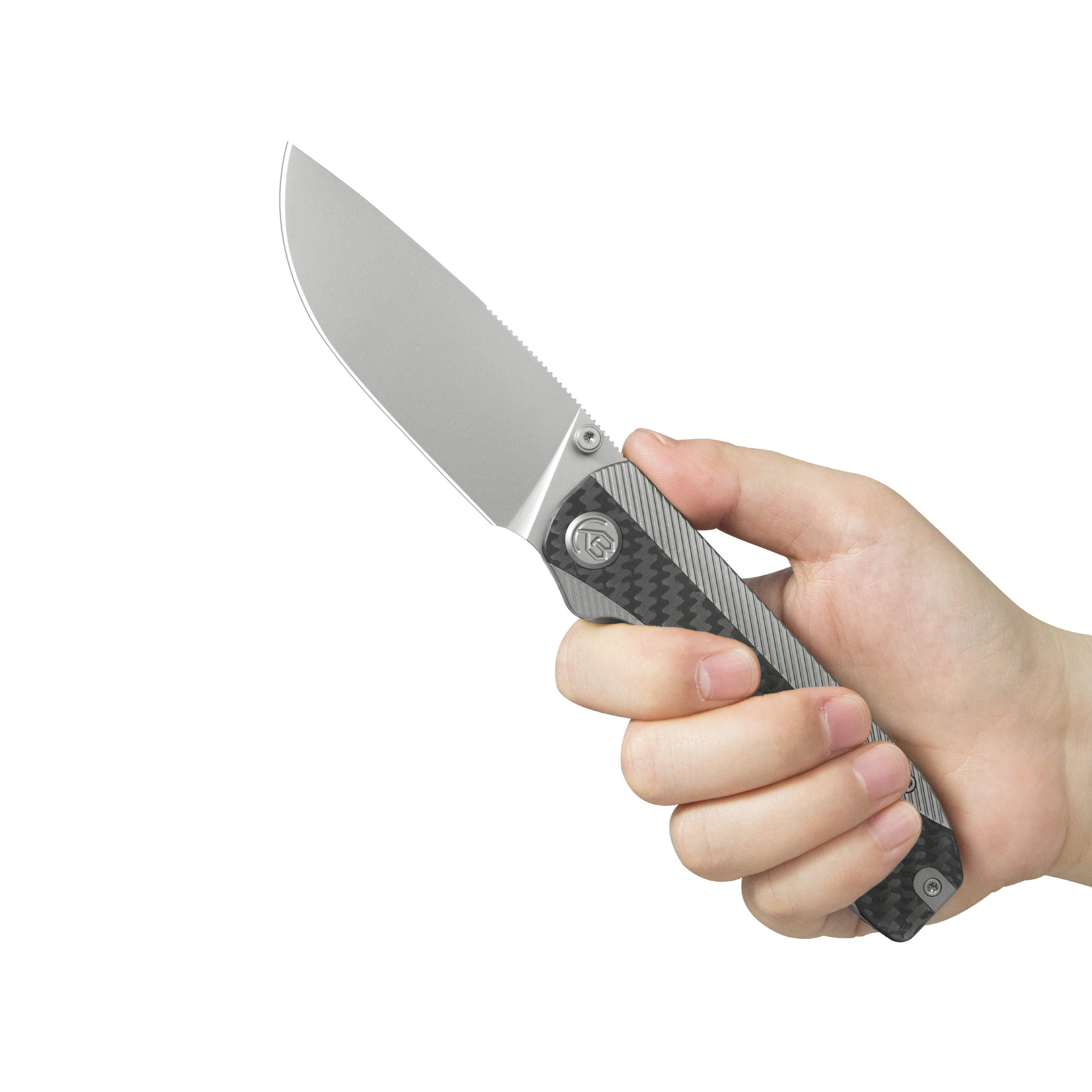 KB Zephyr Folding Pocket Knife Gray Titanium with Wave CF Inlay 4.65" Silver Beadblast M390 KB431A