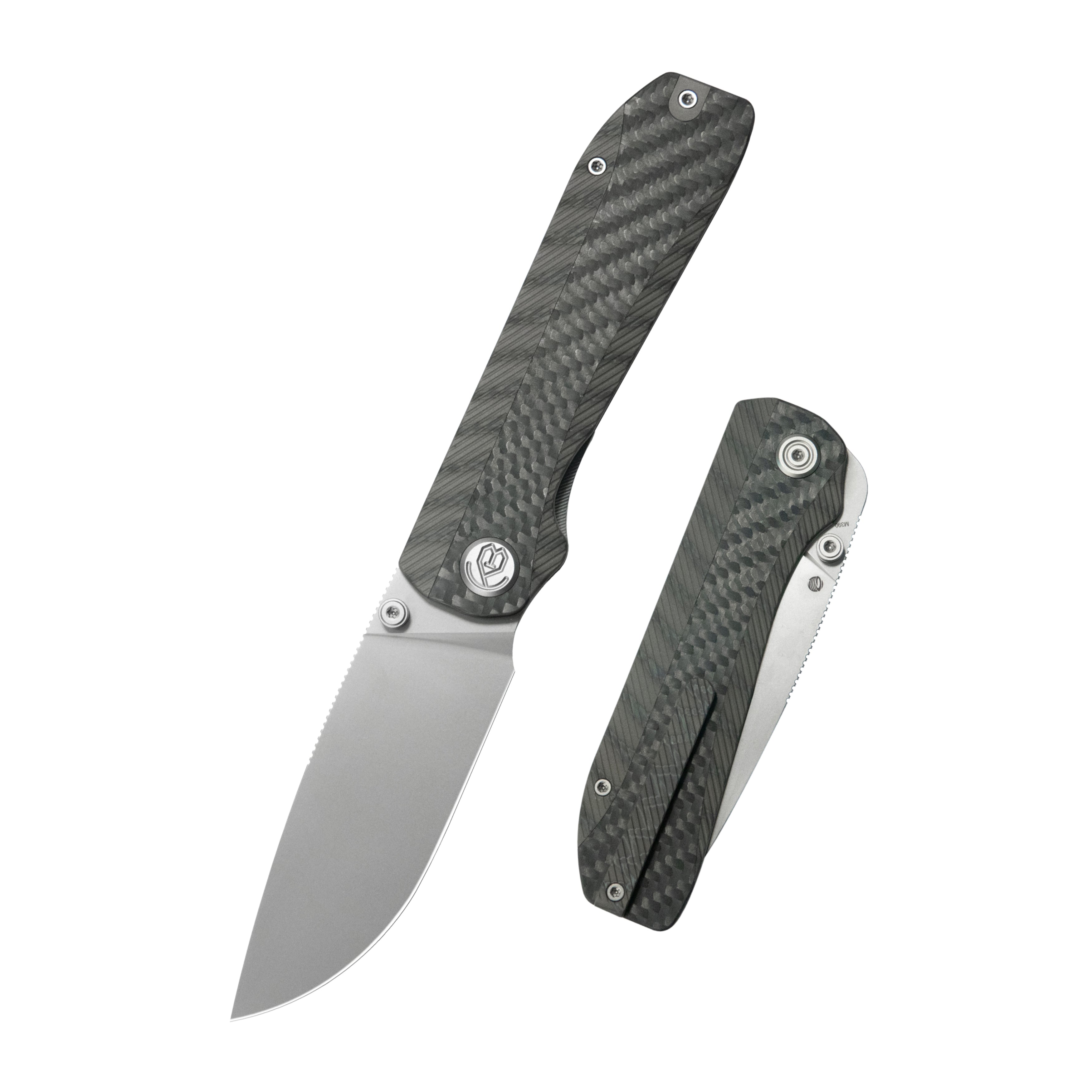 KB Zephyr Folding Pocket Knife Flamed Titanium with Wave CF Inlay 4.65" Silver Beadblast M390 KB431B