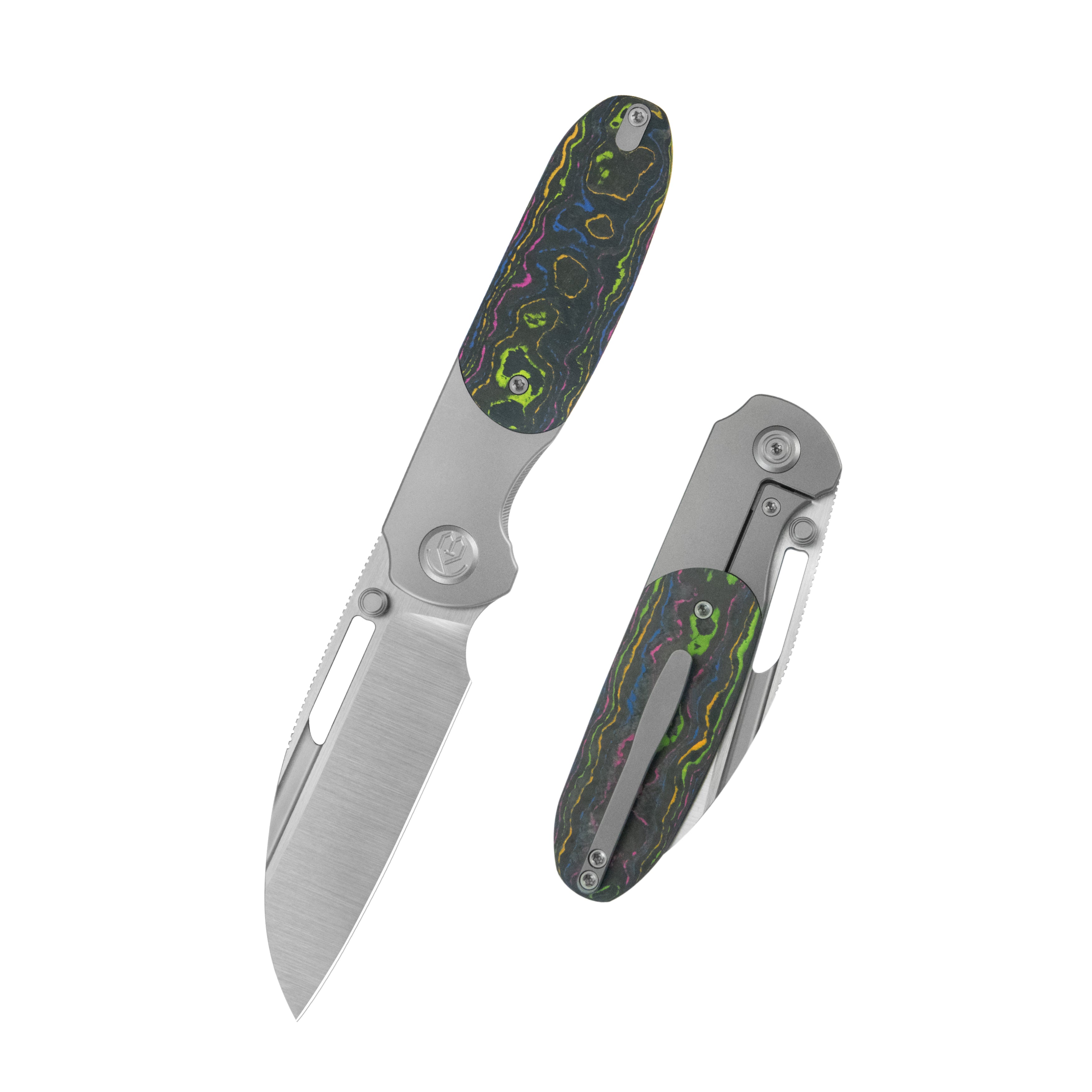 KB Icicle Pocket Folding Knife Frame Lock Sandblast Titanium with 80's Camo Carbon Inlays 3.50" Belt Satin Elmax Blade KB432A