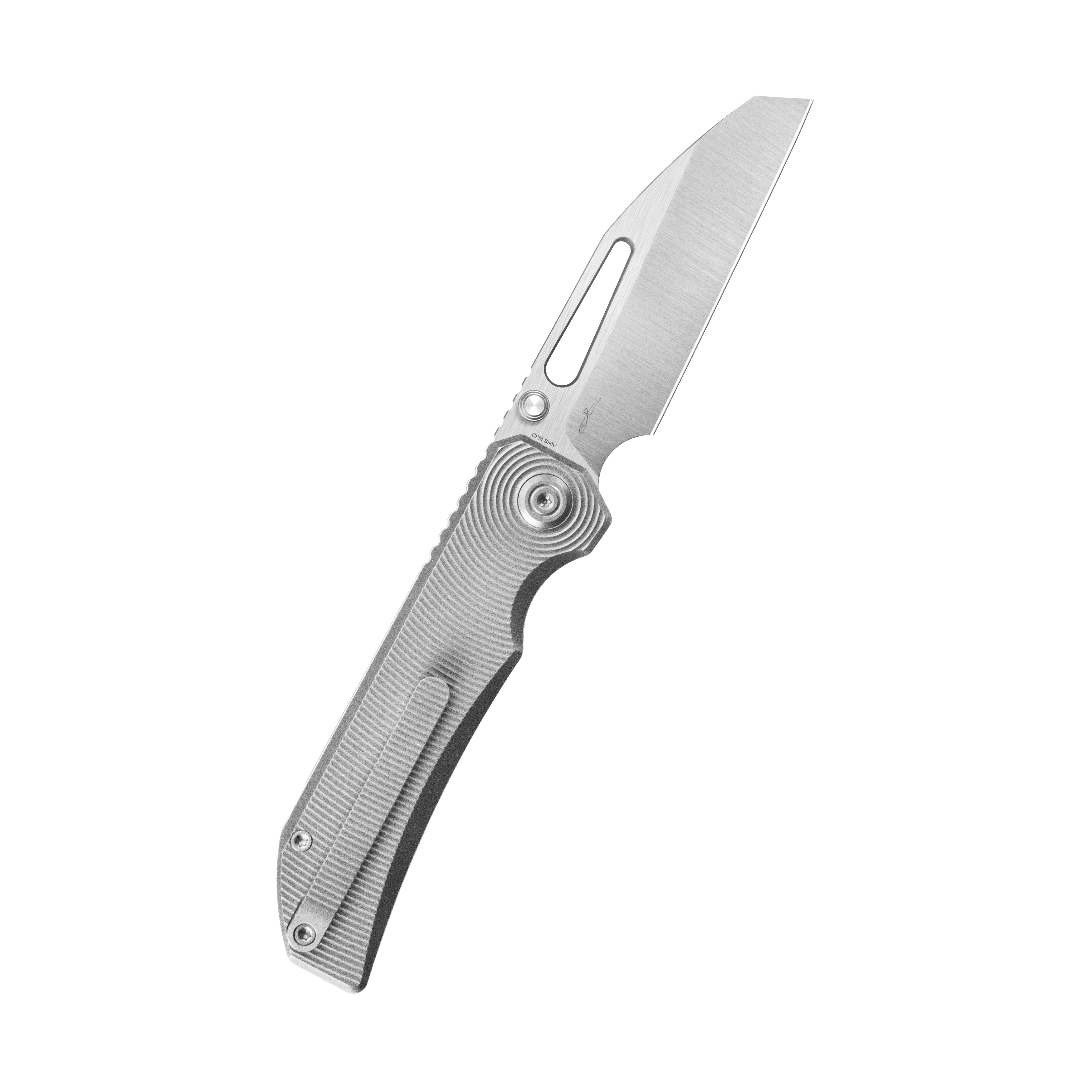 KB Venom Top Liner Lock Pocket Folding Knife Sandblast Titanium w/ Radial Milling 3.46" Belt Satin CPM S90V Blade KB435A