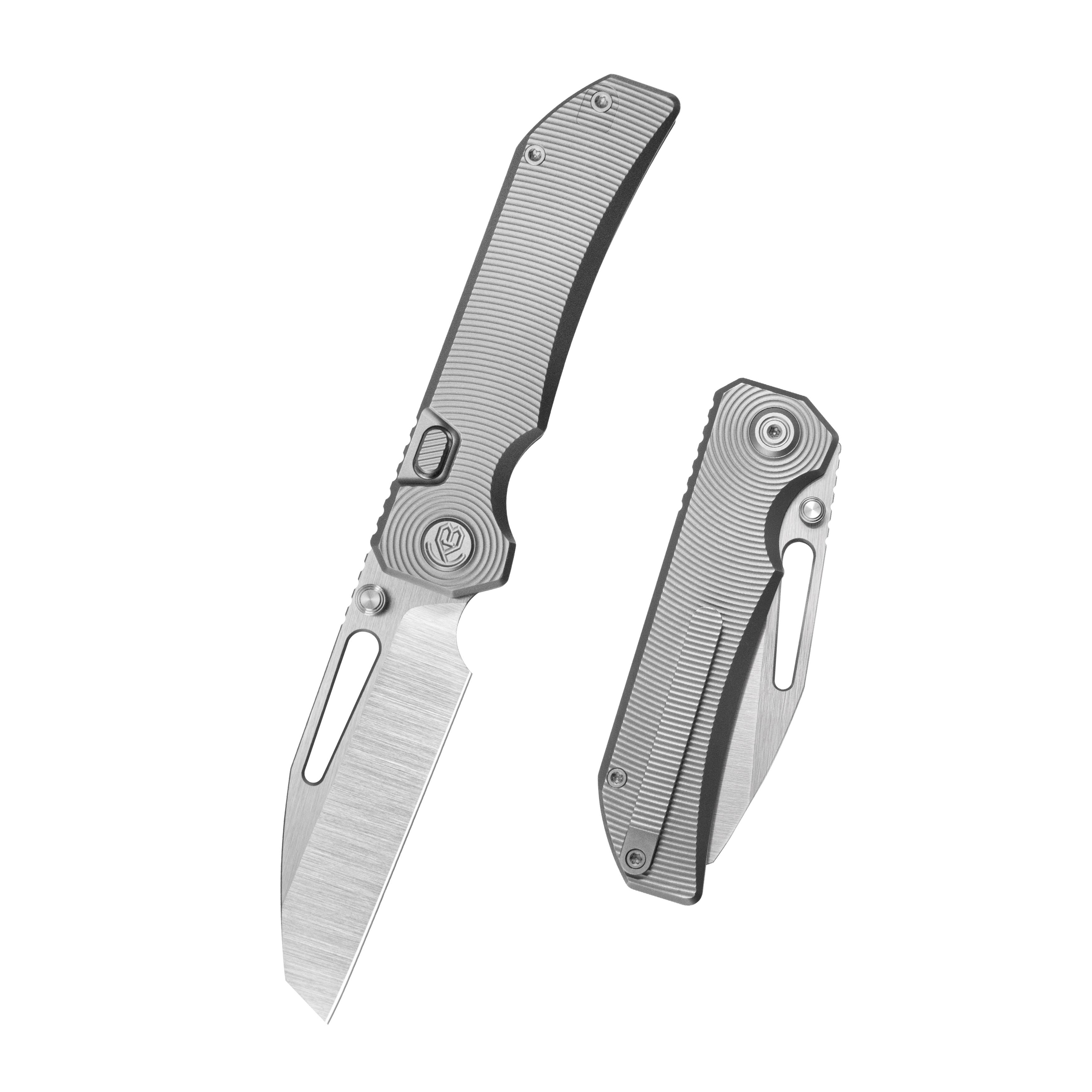 KB Venom Top Liner Lock Pocket Folding Knife Sandblast Titanium w/ Radial Milling 3.46" Belt Satin CPM S90V Blade KB435A