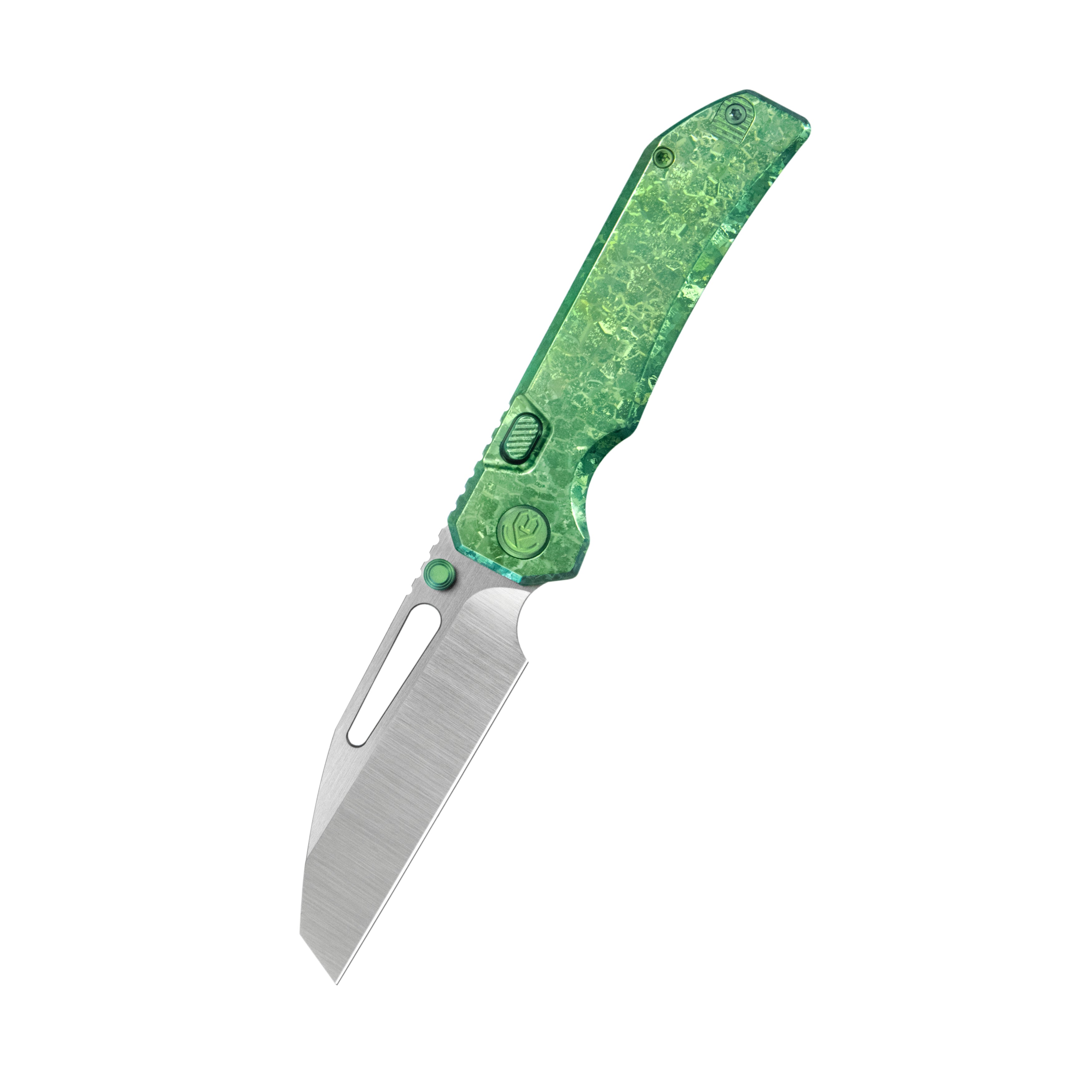 KB Venom Top Liner Lock Pocket Folding Knife Green Ano Crystal Ti 3.46" Belt Satin CPM S90V Blade KB435F