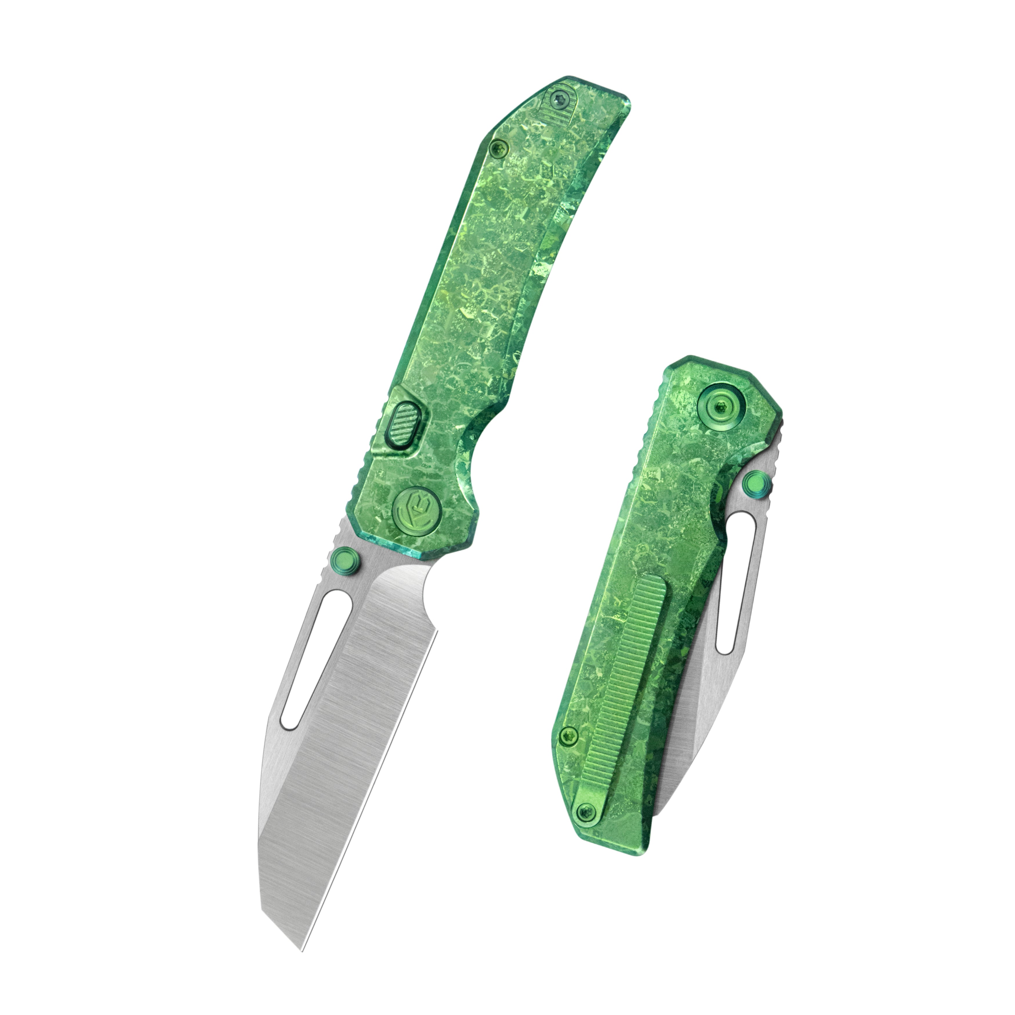 KB Venom Top Liner Lock Pocket Folding Knife Green Ano Crystal Ti 3.46" Belt Satin CPM S90V Blade KB435F