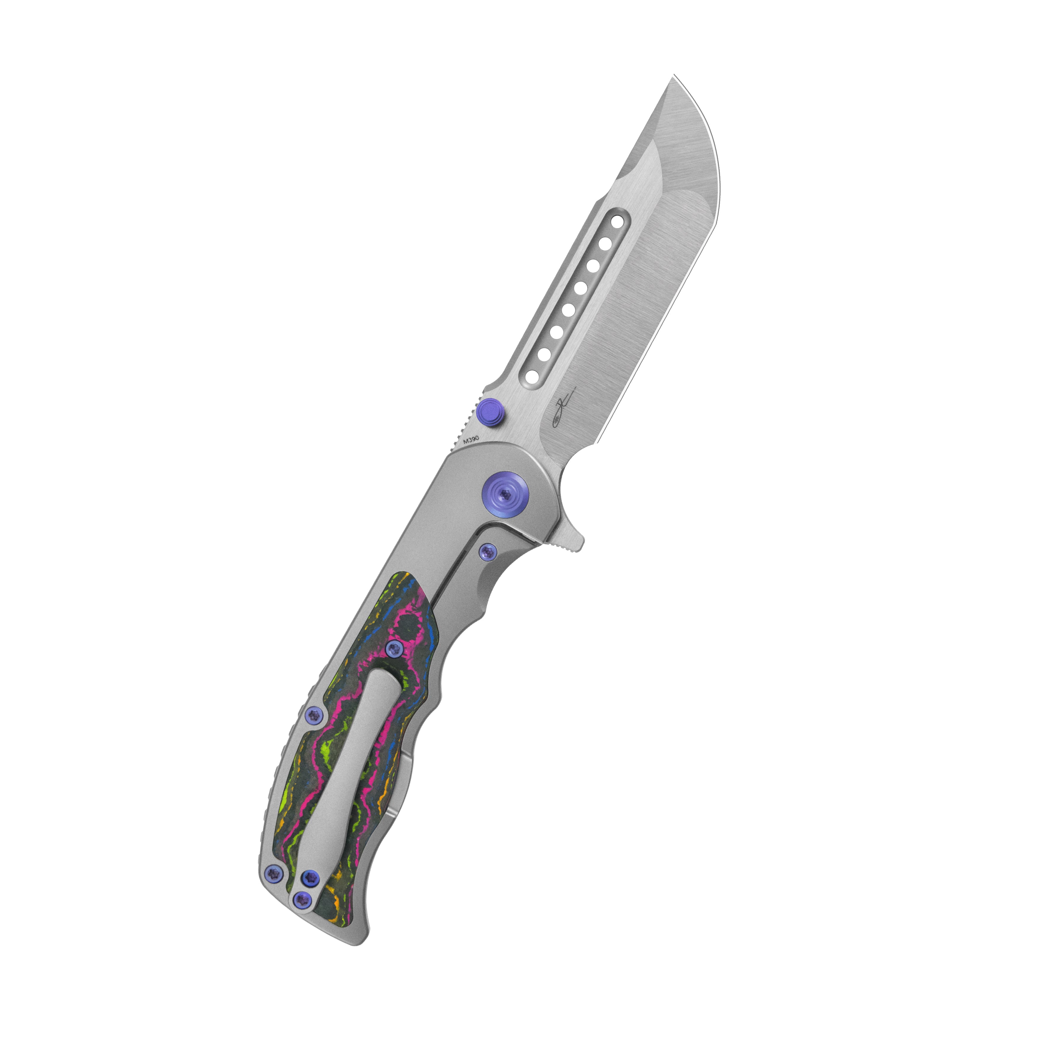 KB Predator Folding Knife Sandblasting Titanium with 80's Camo Carbon inlay Handle 3.46'' Belt Satin Bohler M390 Blade KB436A