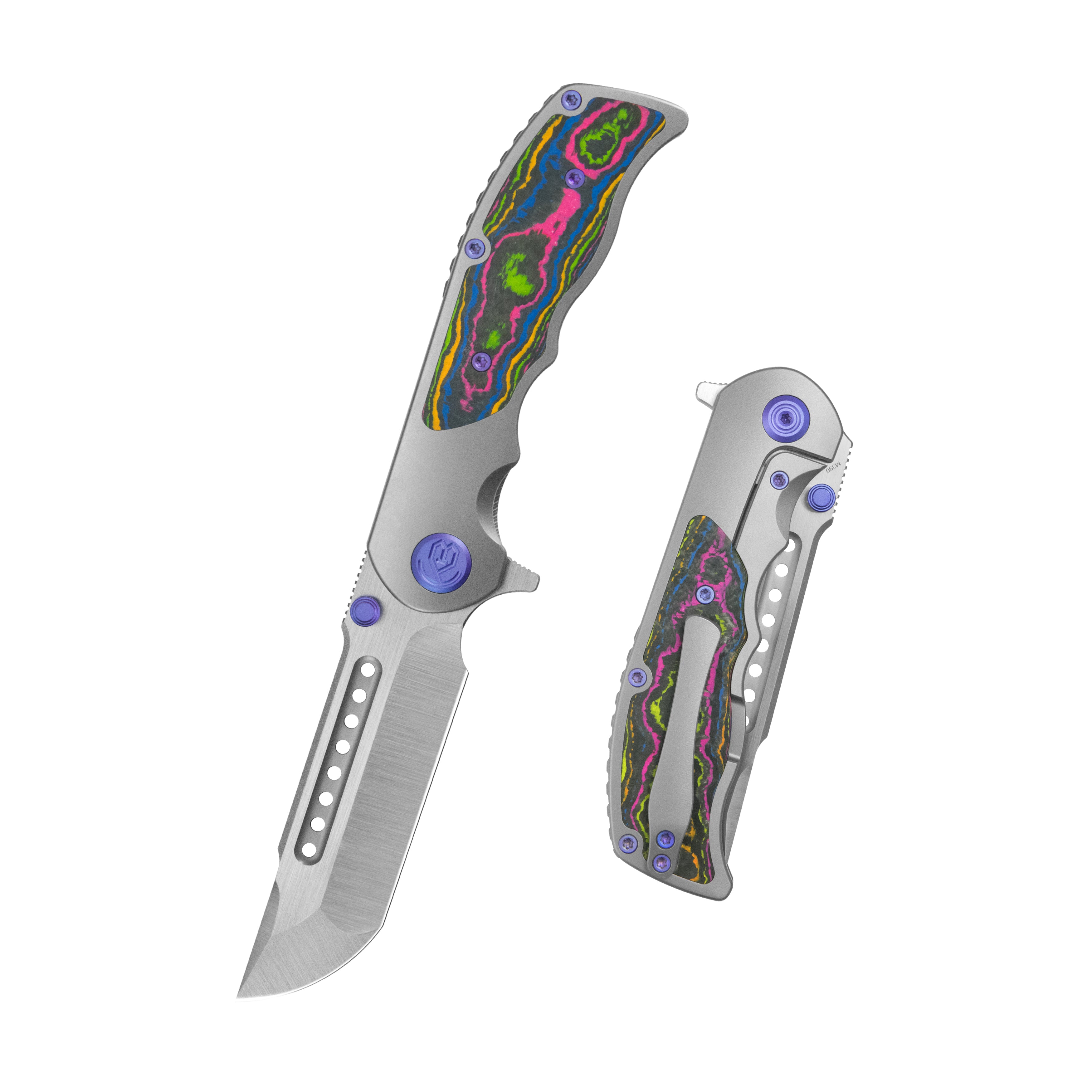 KB Predator Folding Knife Sandblasting Titanium with 80's Camo Carbon inlay Handle 3.46'' Belt Satin Bohler M390 Blade KB436A