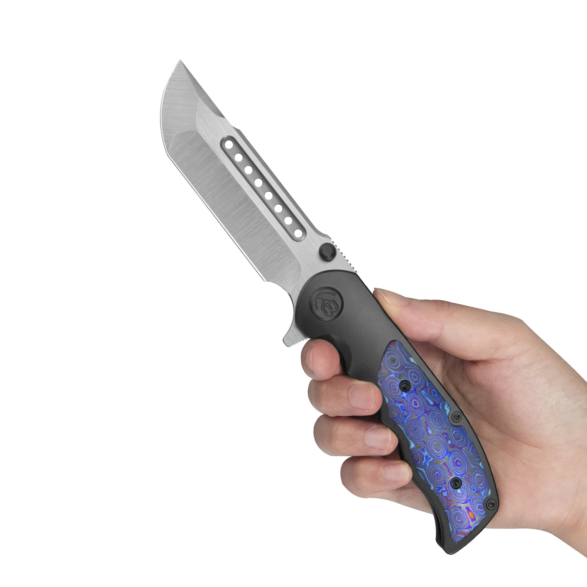 KB Predator Folding Knife DLC Titanium with Zircuti inlay Handle 3.46'' Belt Satin Bohler M390 Blade KB436C