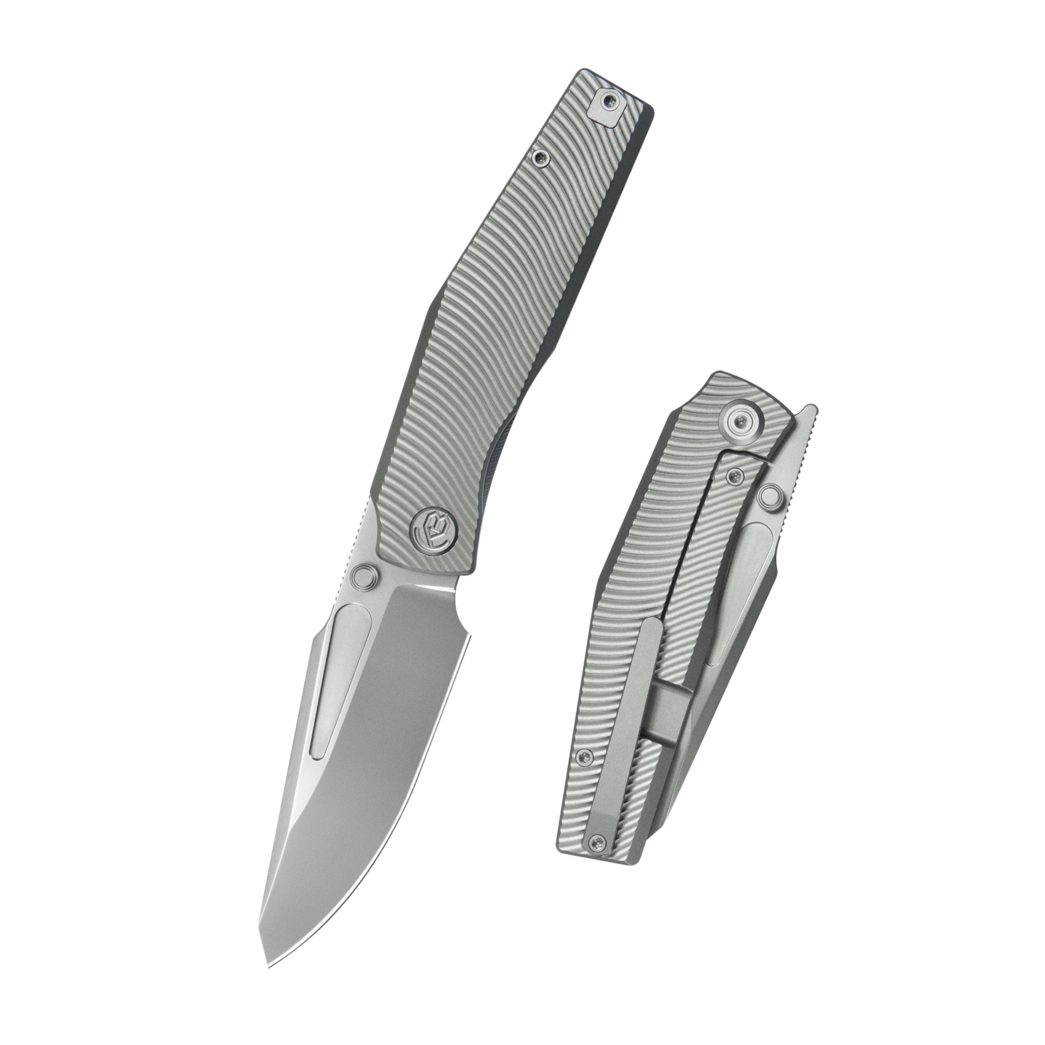 KB Illusion Folding Knife Grey Titanium Handle 3.46‘’ Silver Bead Blast Bohler M390 Blade KB443A