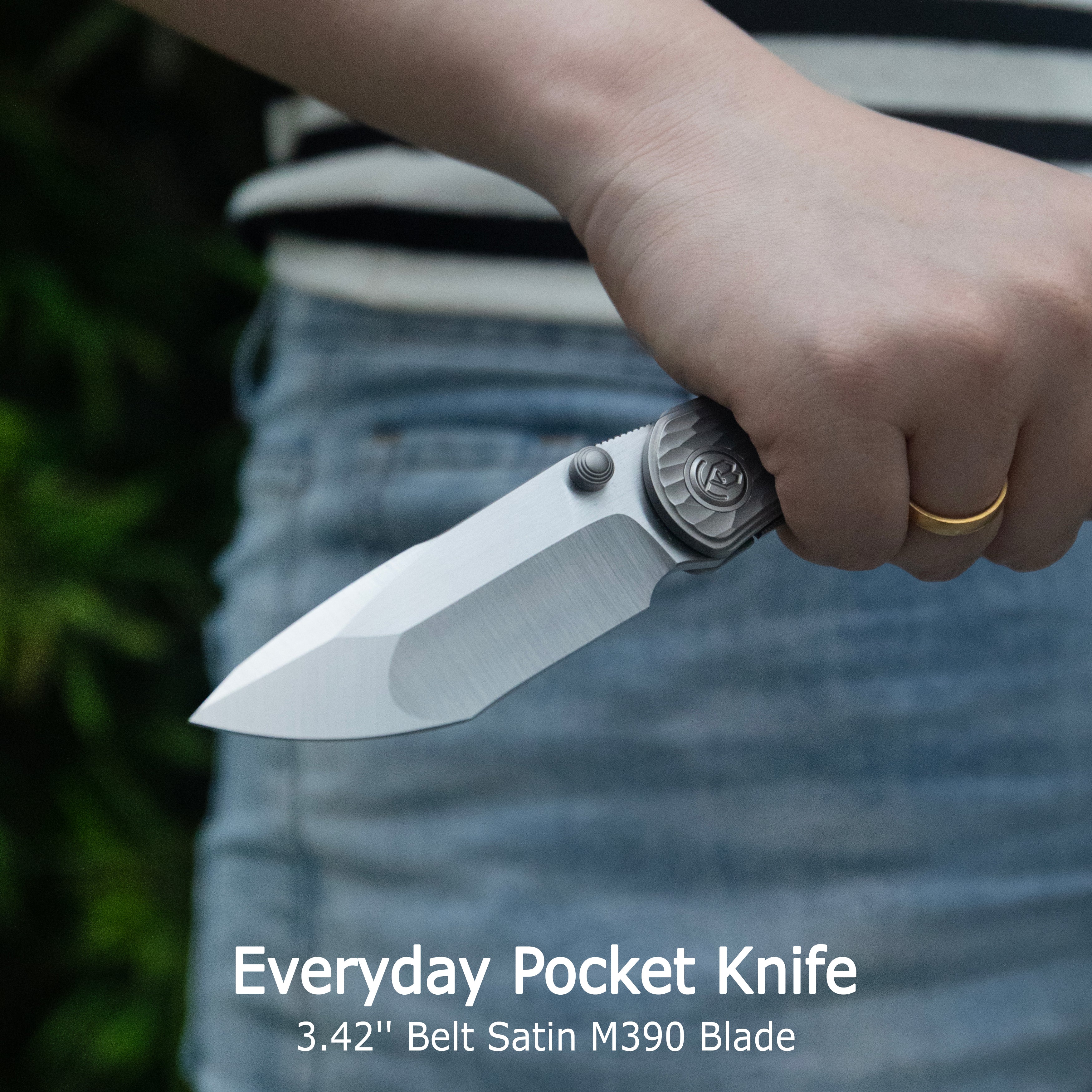 KB Folklore Folding Knife Flame Titanium w/ Jigged Pattern Milling Handle 3.42'' Belt Satin M390 Blade KB444B