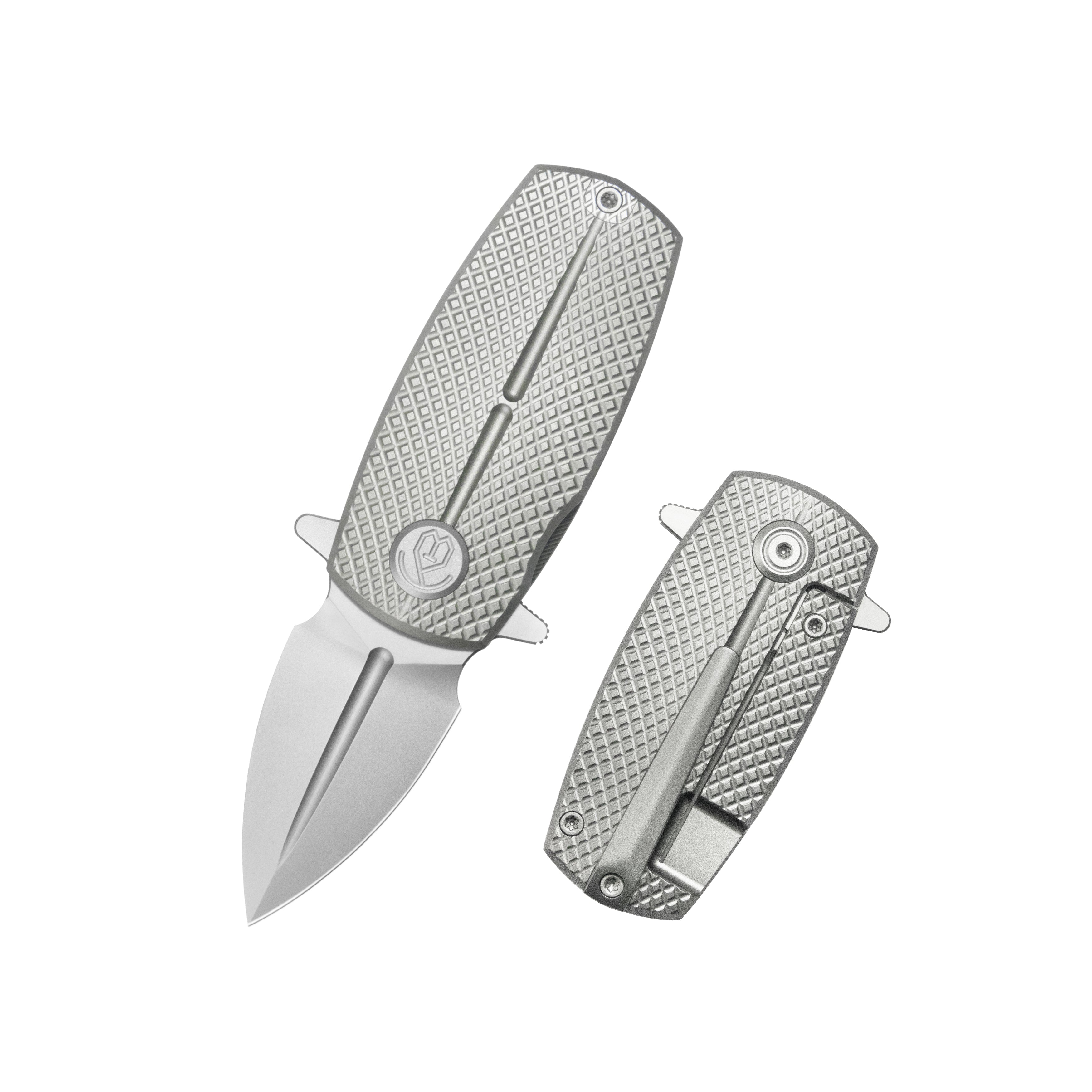 KB Fang Mini Pocket Knife Grey Titanium with Diamond Milling 1.97" Beadblast M390 Blade KB451A