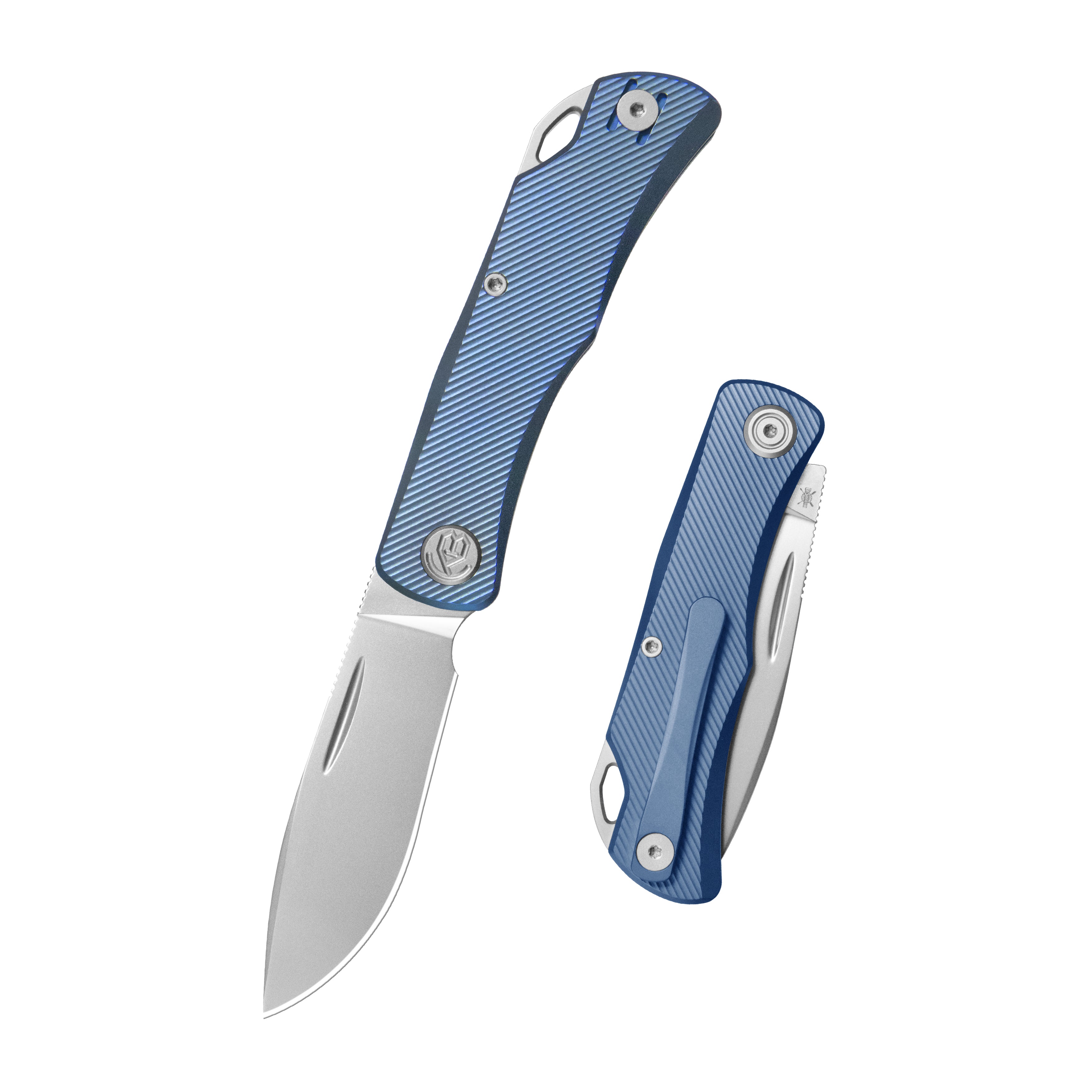 KB El Dorado Slip Joint Pocket Knife Blue Ano Titanium w/ Micro Milling Silver Bead Blasted 2.96" M390 Blade KB469C