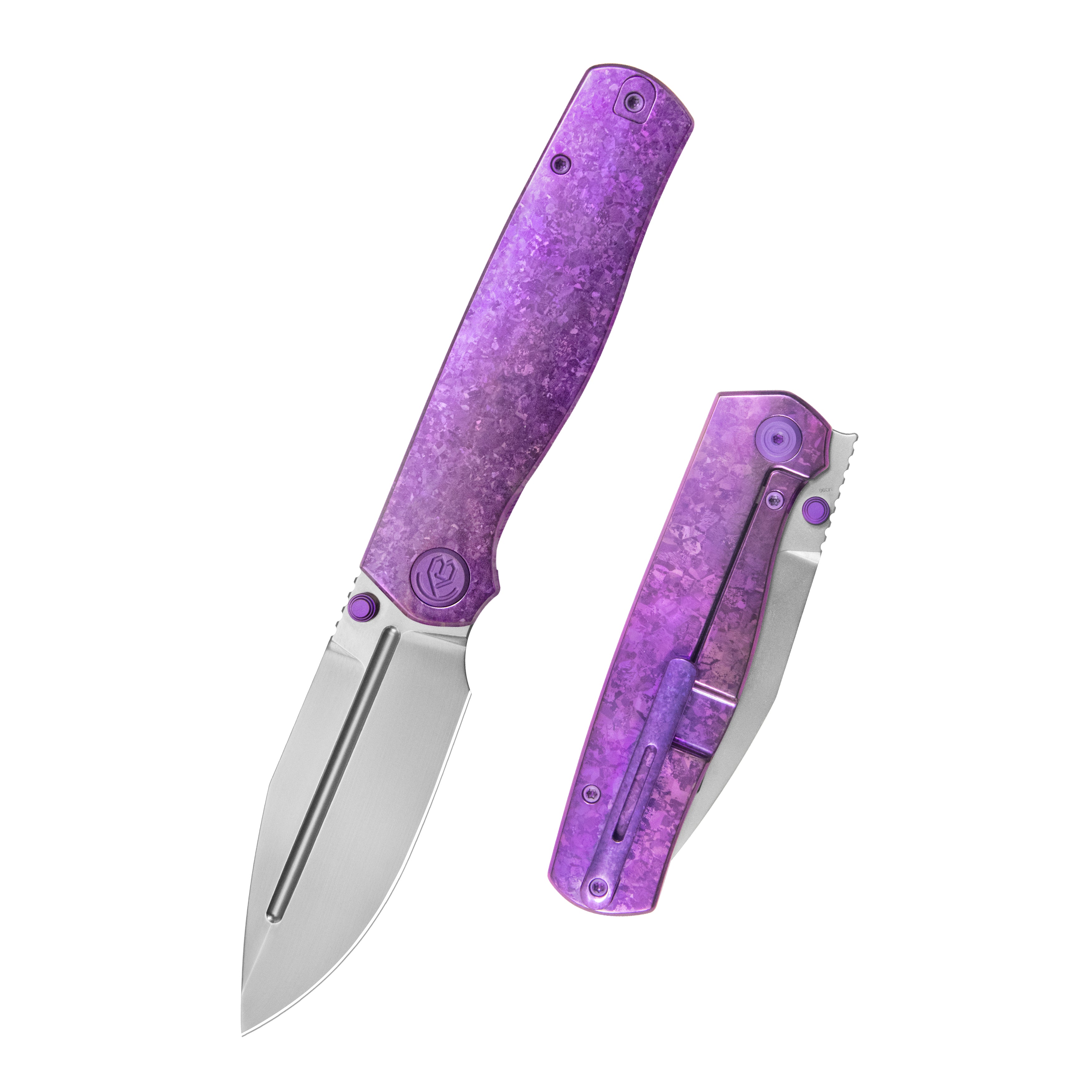 KB Albatross Tactical Folding Knife Purple Ano Crystallized Titanium with Micro Milling 3.74" Silver Beadblast M390 KB471E