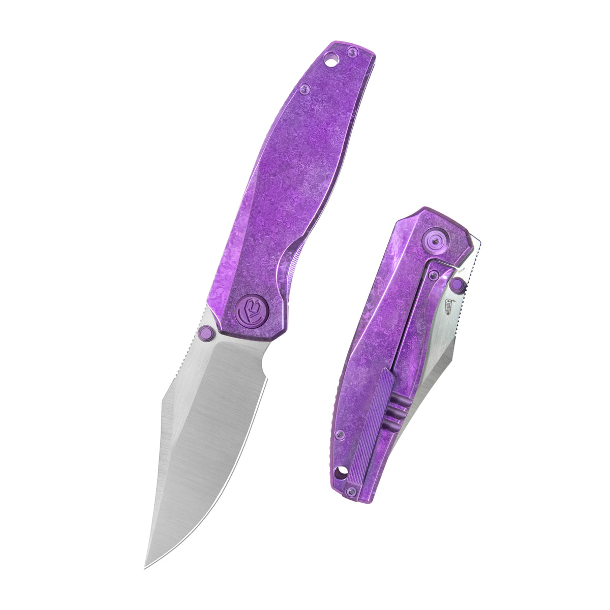 KB Classico Frame Locking Folding Knife Purple Crystallized Titanium Handle 3.38" Belt Satin M390 Blade KB478D