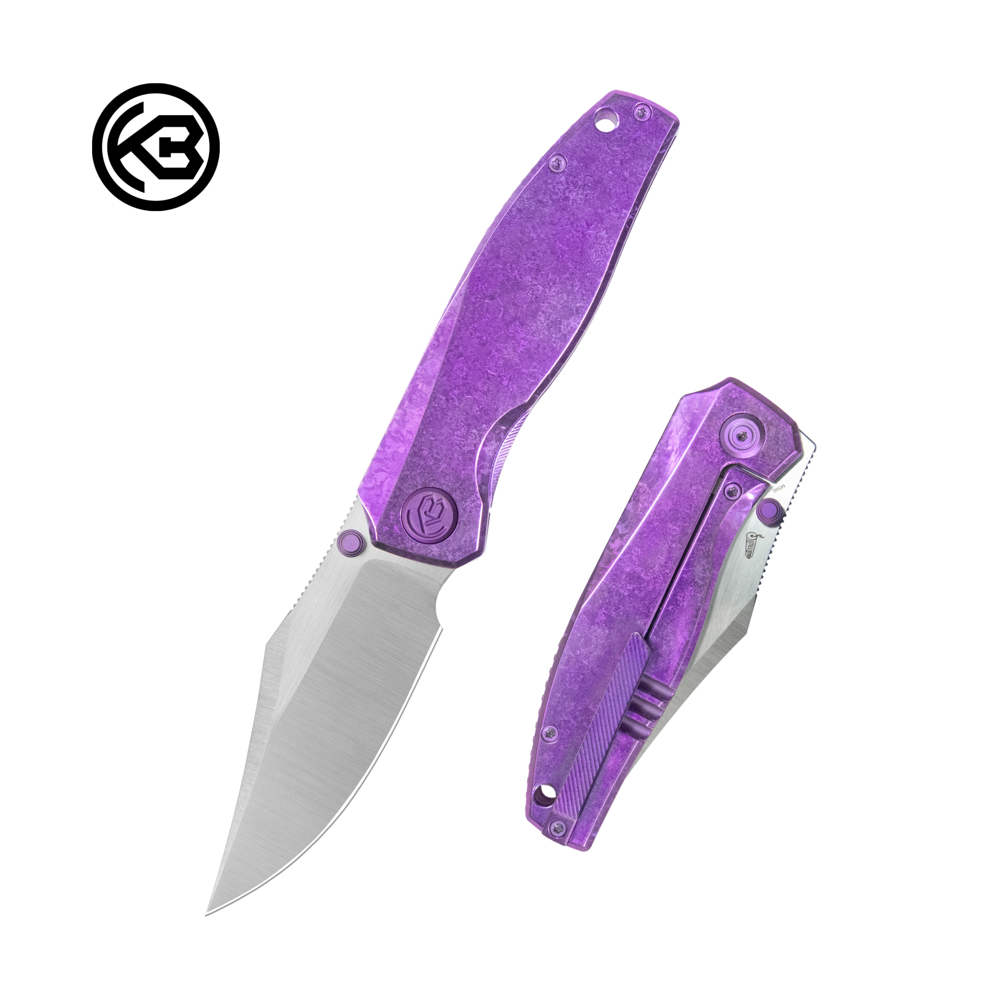 KB Classico Frame Locking Folding Knife Purple Crystallized Titanium Handle 3.38" Belt Satin M390 Blade KB478D