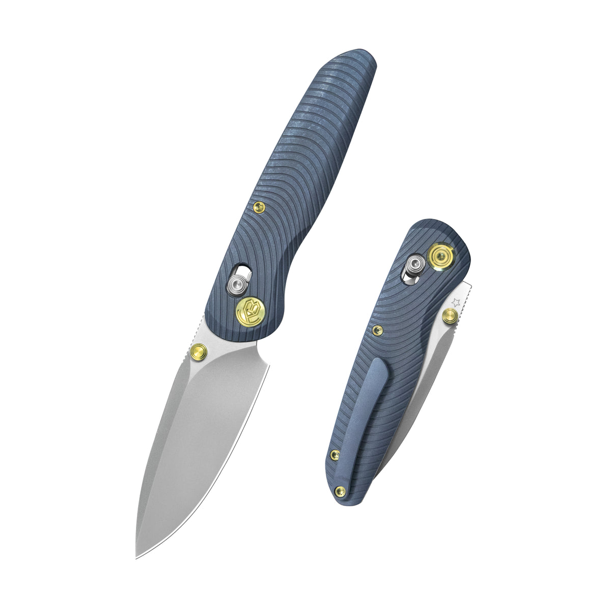 KB Small Pioneer Folding Knife Blue Ano Titanium Handle 2.99" Silver Bead Blast S90V Blade KB482C