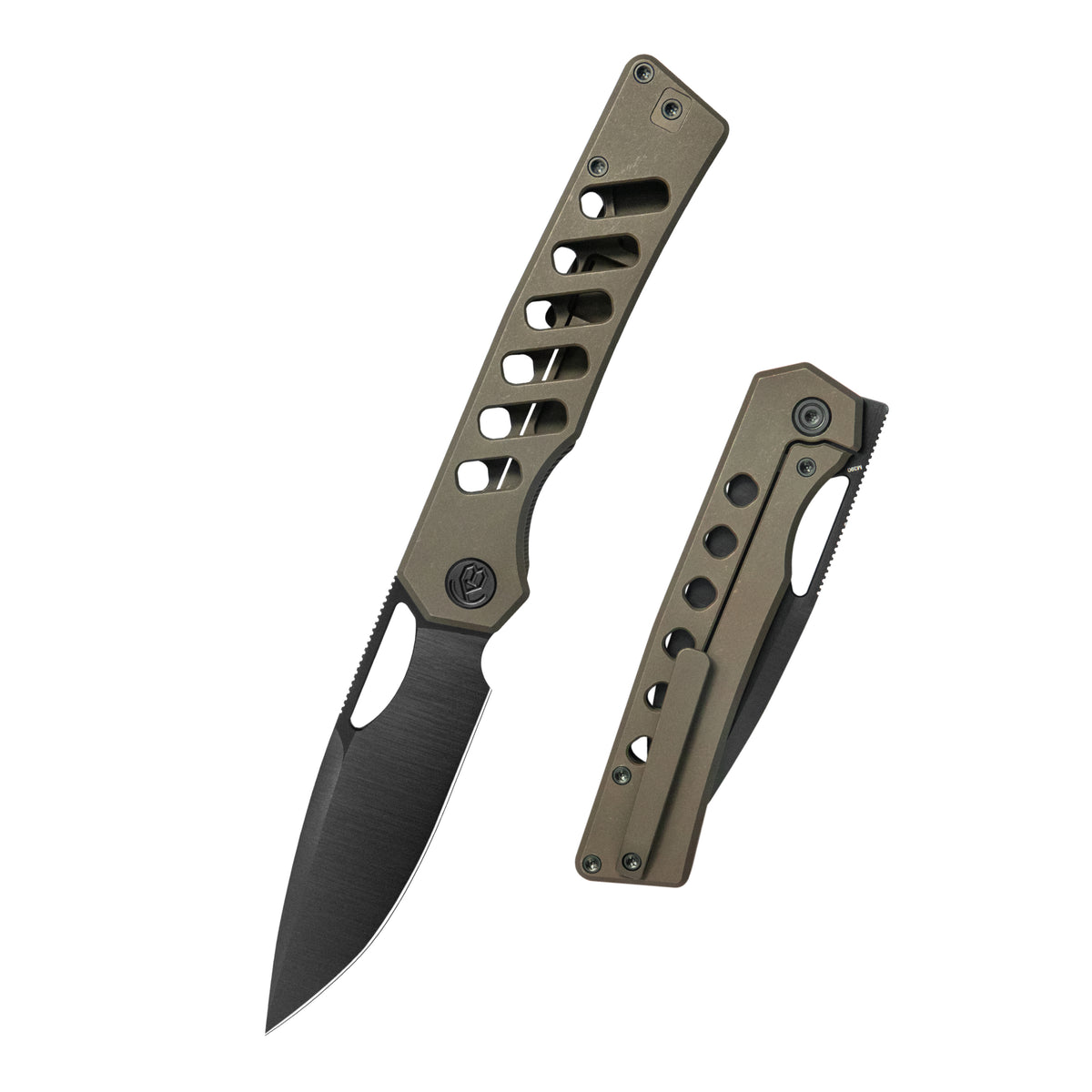 KB Mako Frame Lock Folding Knife Bronze Ano Titanium Handle 3.30" DLC Belt Satin M390 Blade KB486C