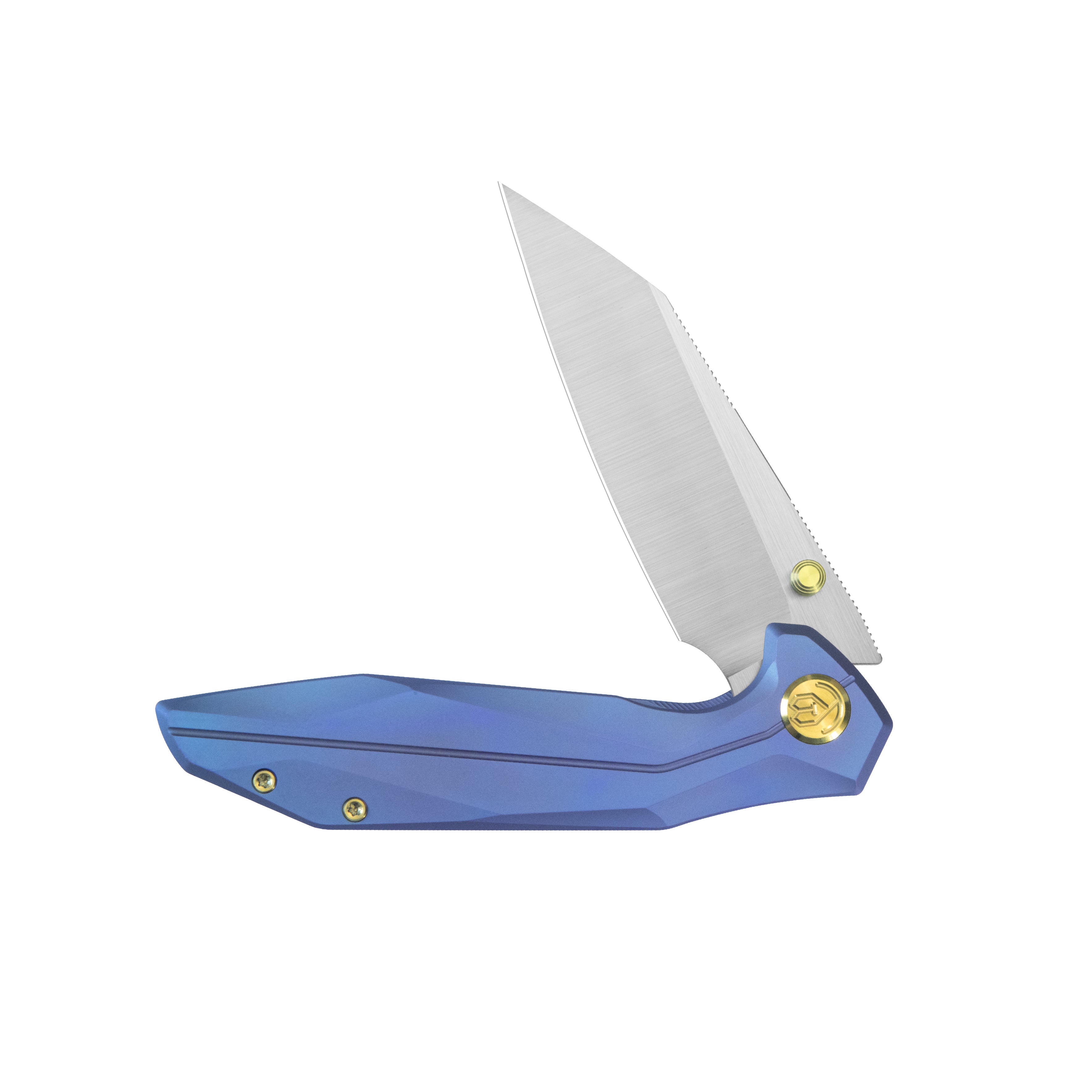 KB Nova Reverse Tanto Frame Locking Folding Knife Blurple Titanium Handle 3.66" Belt Satin M390 Blade KB495C