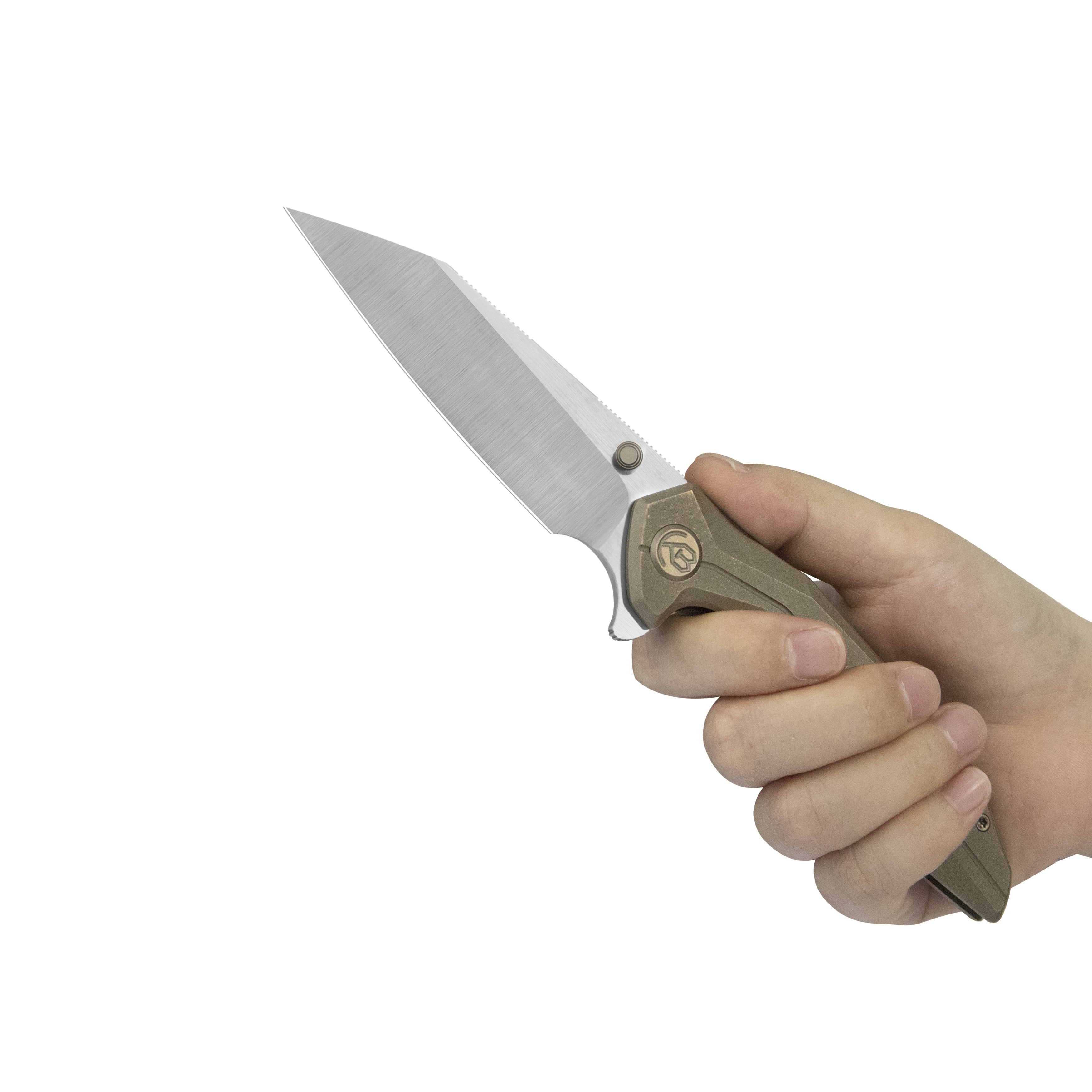 KB Nova Reverse Tanto Frame Locking Folding Knife Bronze Titanium Handle 3.66" Belt Satin M390 Blade KB495D