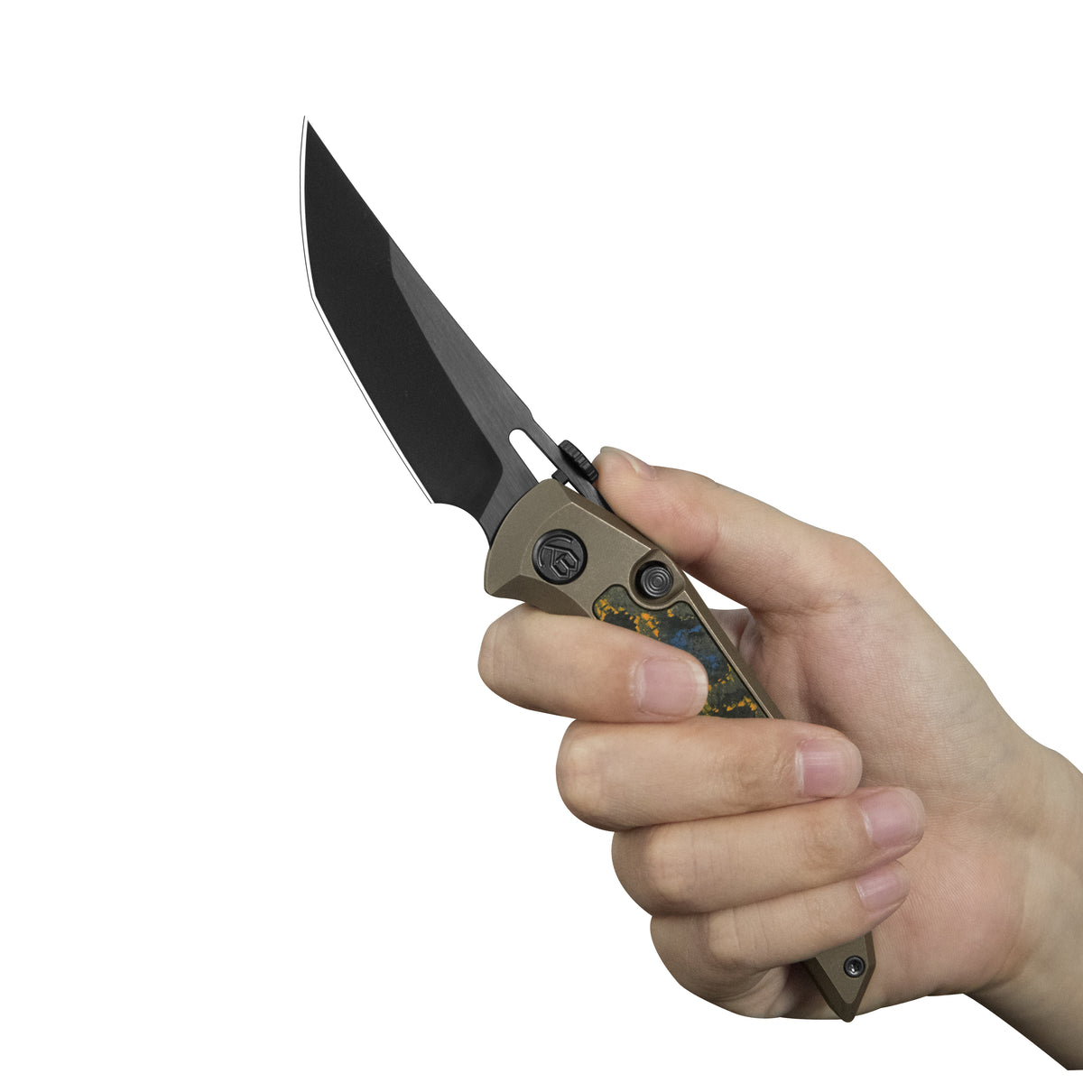 KB Hamano Folding Knife Bronze Ano Titanium with 80's Camo Carbon inlay Handle 3.15" DLC & Satin & Stonewash M390 Blade KB516A