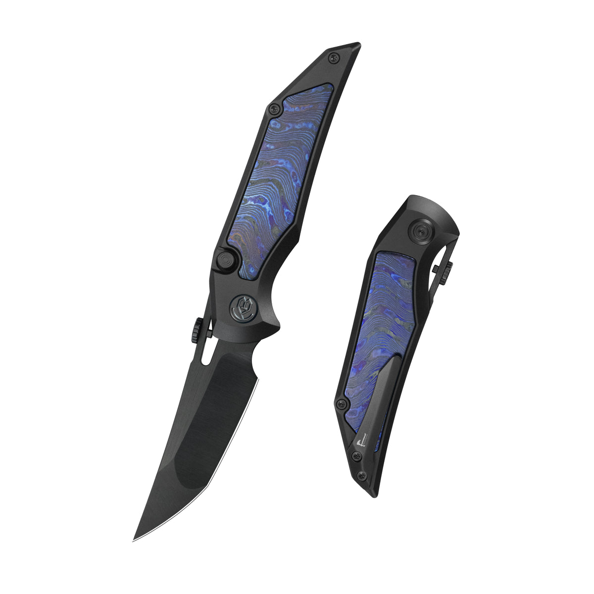 KB Hamano Folding Knife DLC Titanium with Zircuti inlay Handle 3.15" DLC Belt Satin M390 Blade KB516B