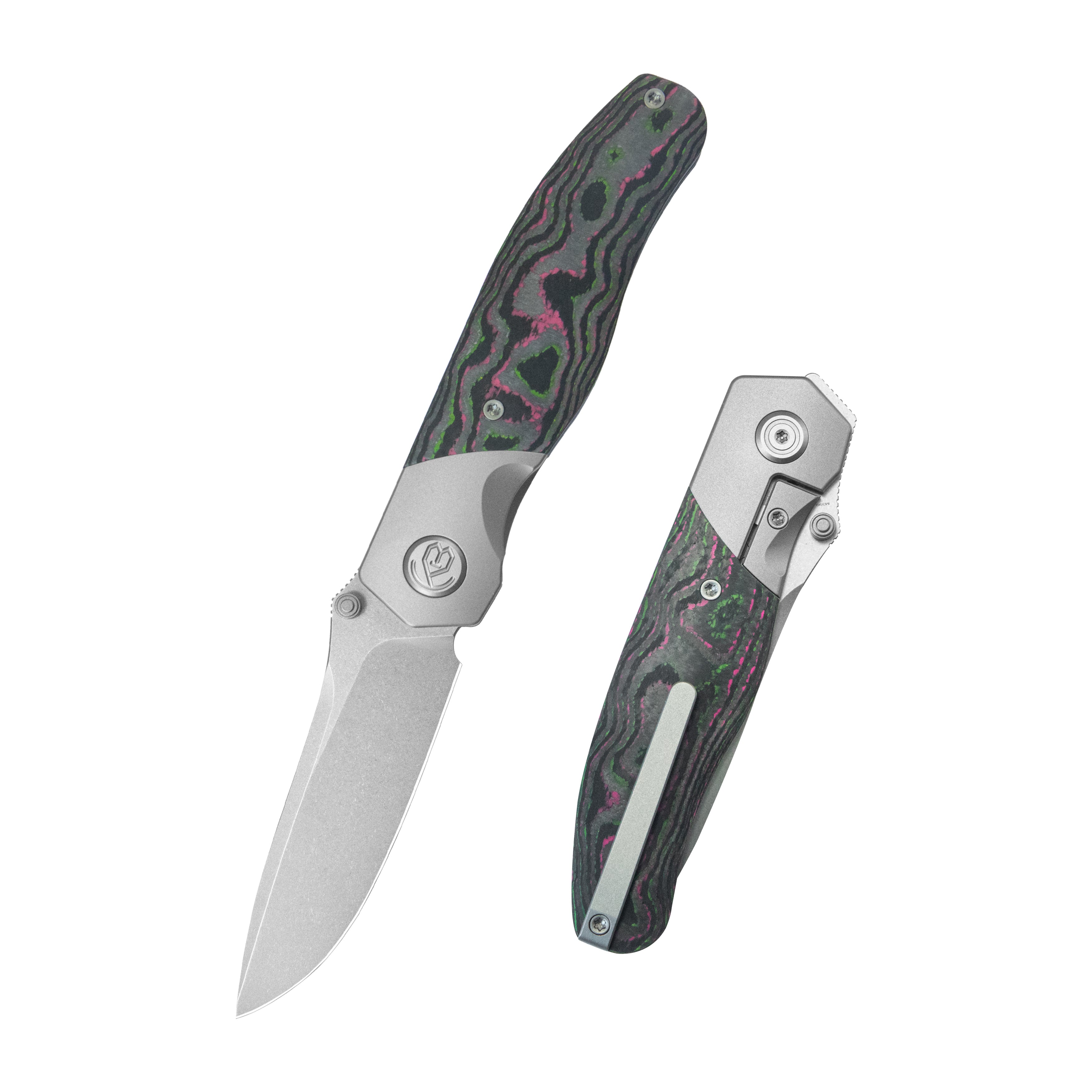 KB Velvet Snake Folding Knife Stonewash Titanium Bolster & CF inlay Handle 3.35'' Stonewash M390 Blade KB266A