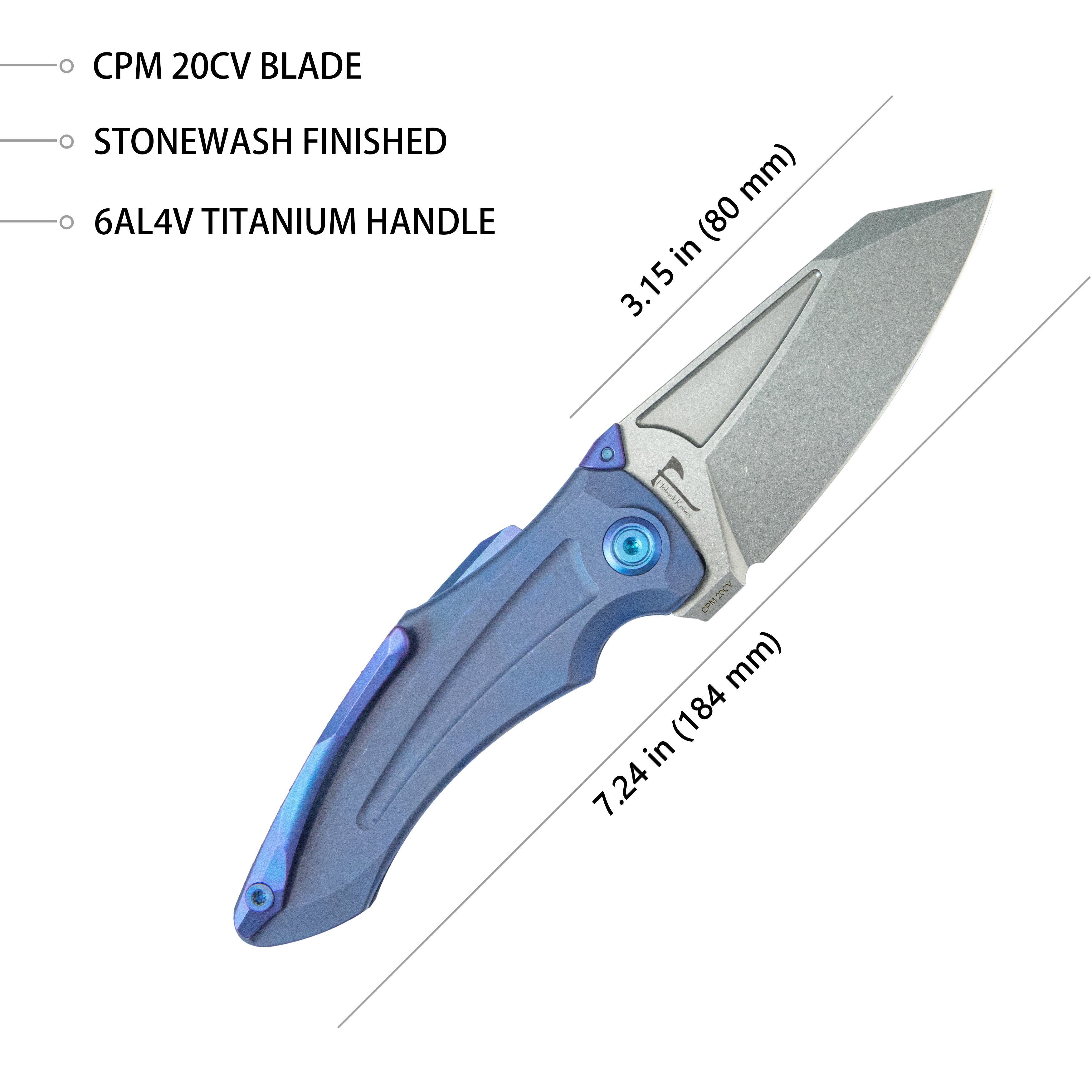 Jake Hoback Design Sumo Button Lock Folding Knife Blue Titanium Handle 3.15" Stonewash CPM 20CV Blade KB400C