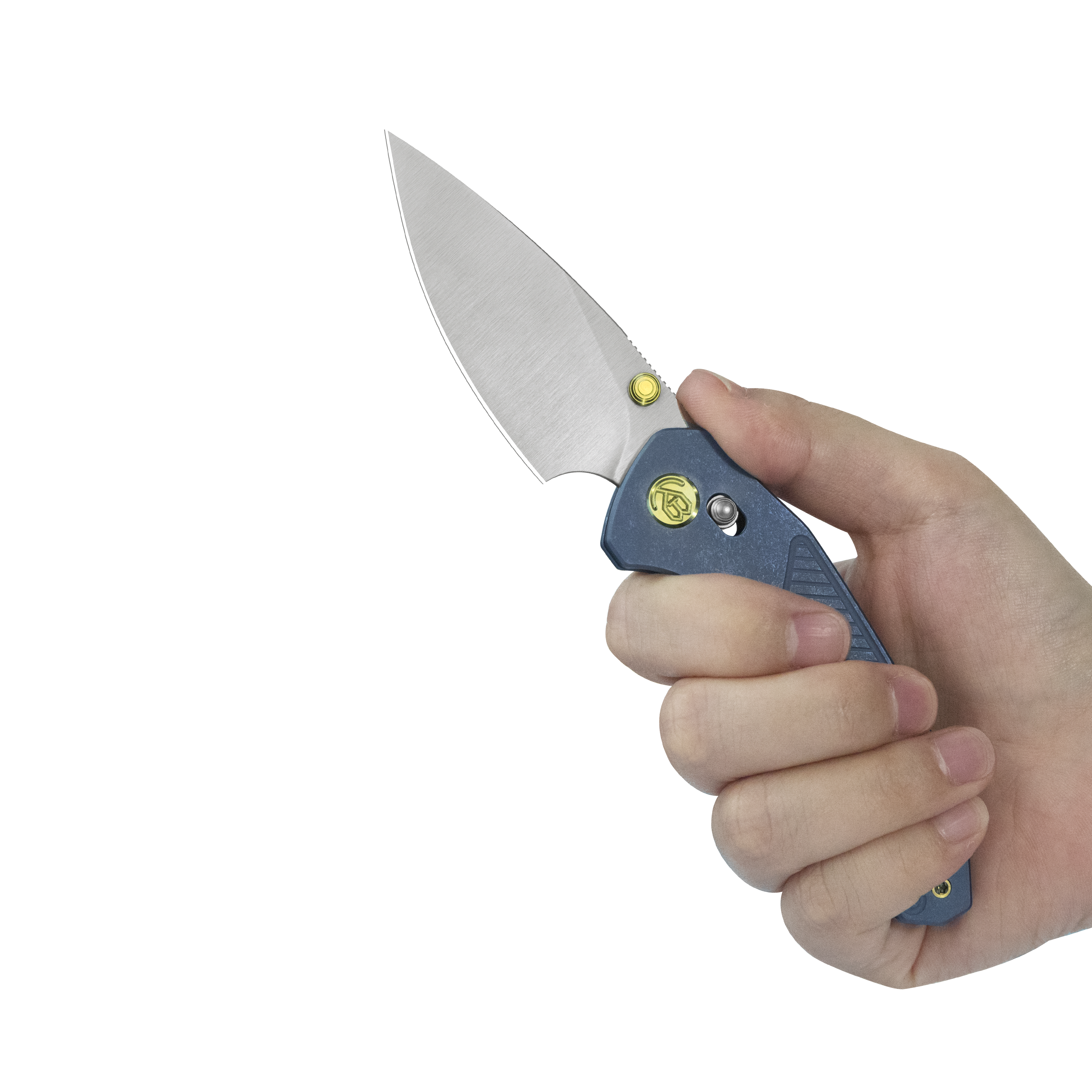 KB Aero Air Pocket Knife Gray Crossbar Lock Blue Ti Diagonal Milling 2.91" Satin M390 Blade KB488B