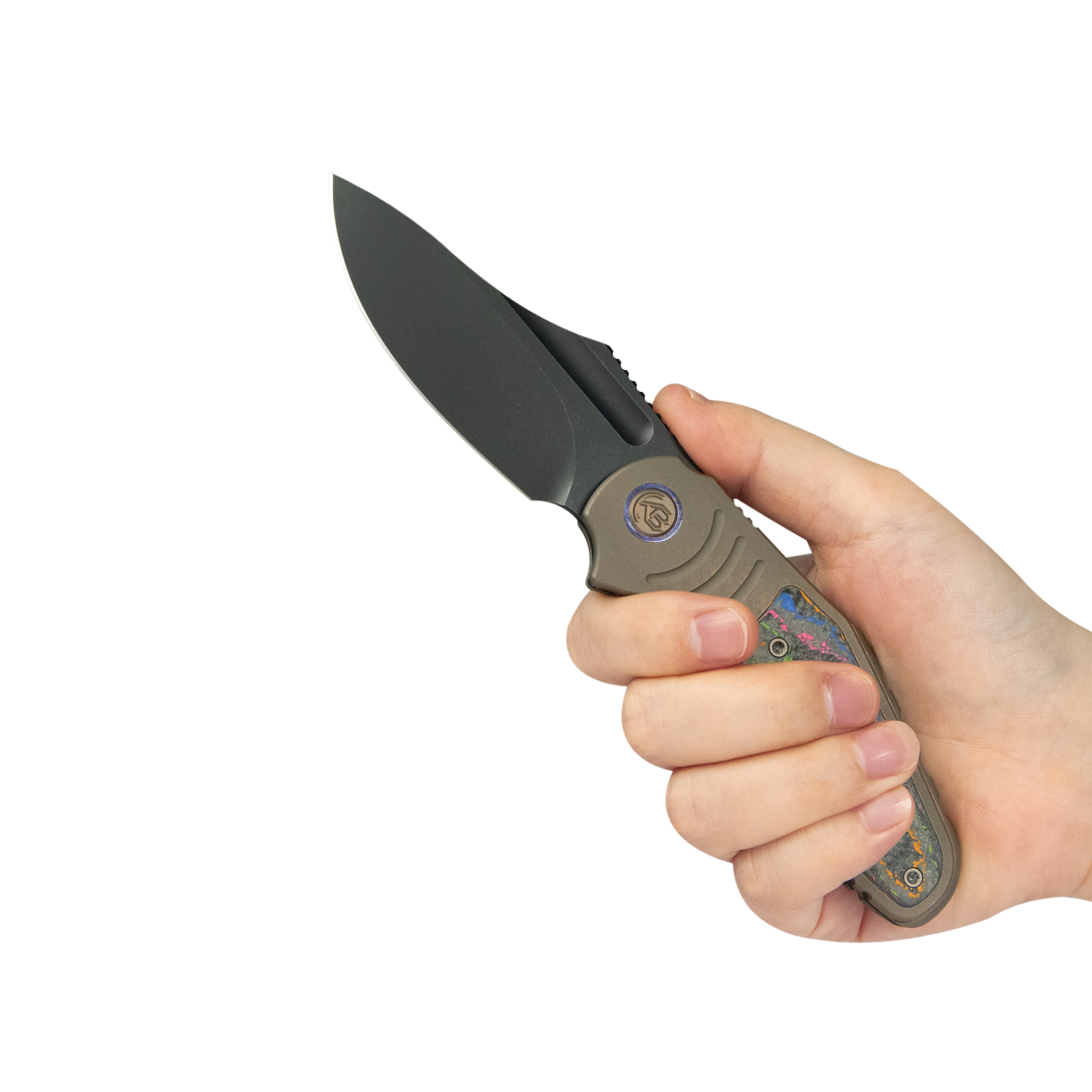 KB Stroller Folding Knife Bronze Titanium/CF Inlays Handle 3.35" Blackwash CPM 20CV Blade KB384C