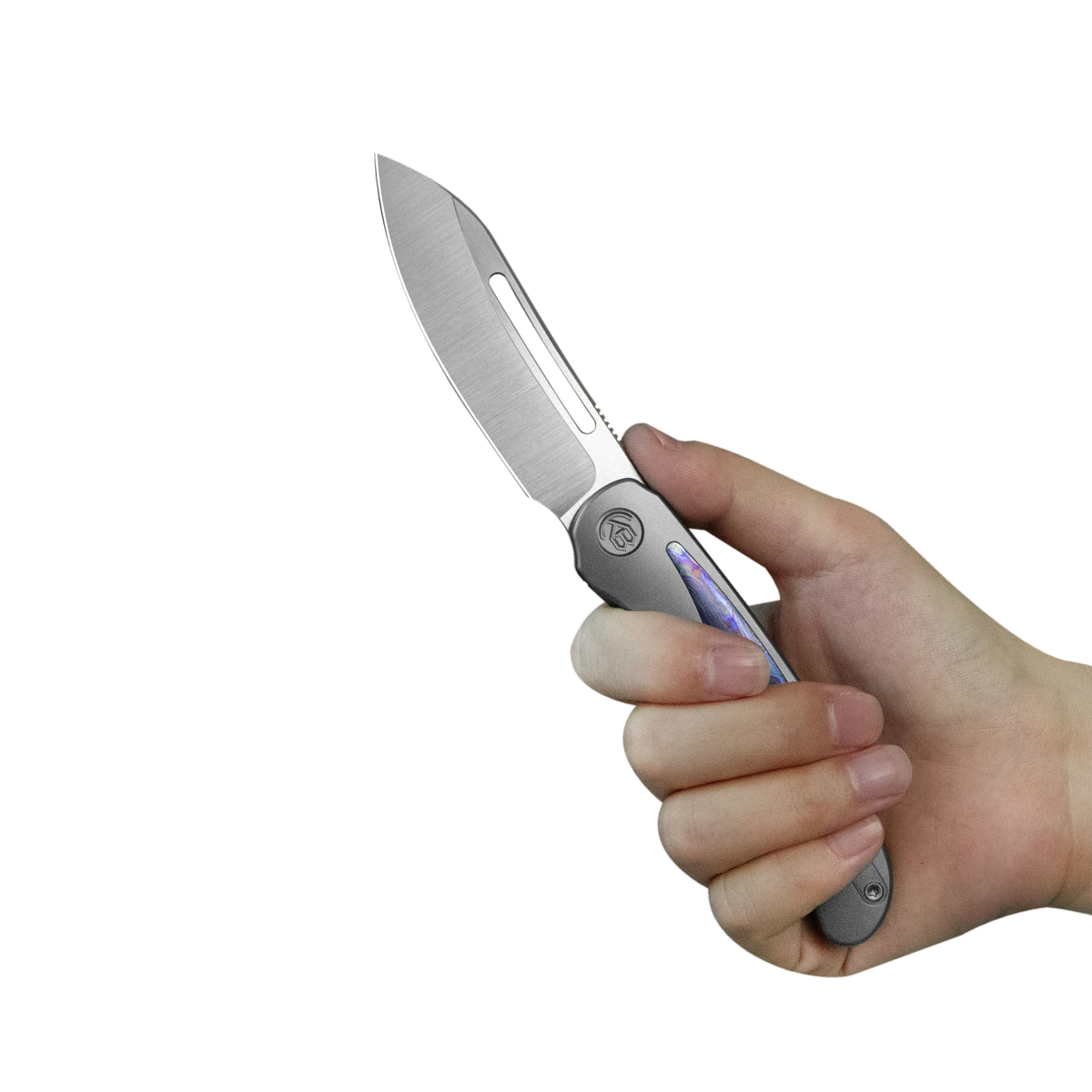 KB Finesse Folding Knife Sandblasting Titanium with Zircuti inlay Handle 3.54" Belt Satin Bohler M390 Blade KB399C