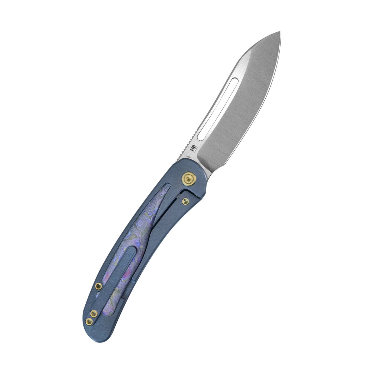 KB Finesse Folding Knife Blue Ano Titanium with Purple Carbon inlay Handle 3.54" Belt Satin Bohler M390 Blade KB399B