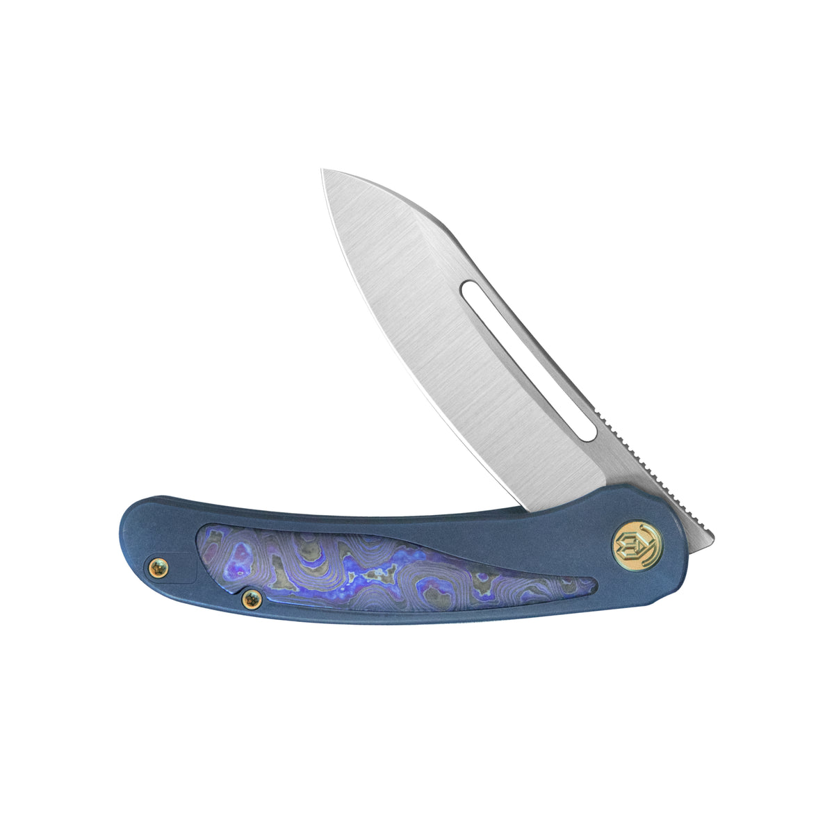 KB Finesse Folding Knife Blue Ano Titanium with Purple Carbon inlay Handle 3.54" Belt Satin Bohler M390 Blade KB399B