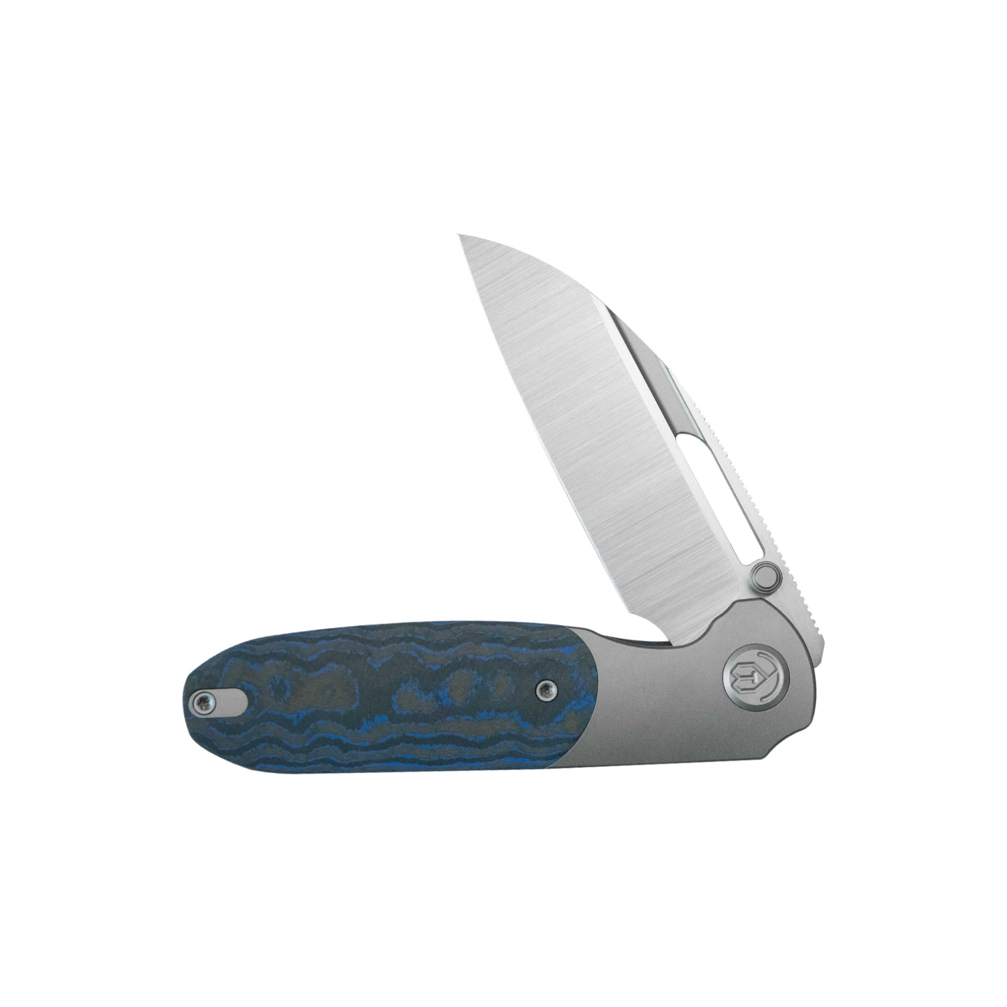 KB Icicle Pocket Folding Knife Frame Lock Sandblast Titanium with Electric Blue Camo Carbon Inlays 3.50" Belt Satin Elmax Blade KB432B