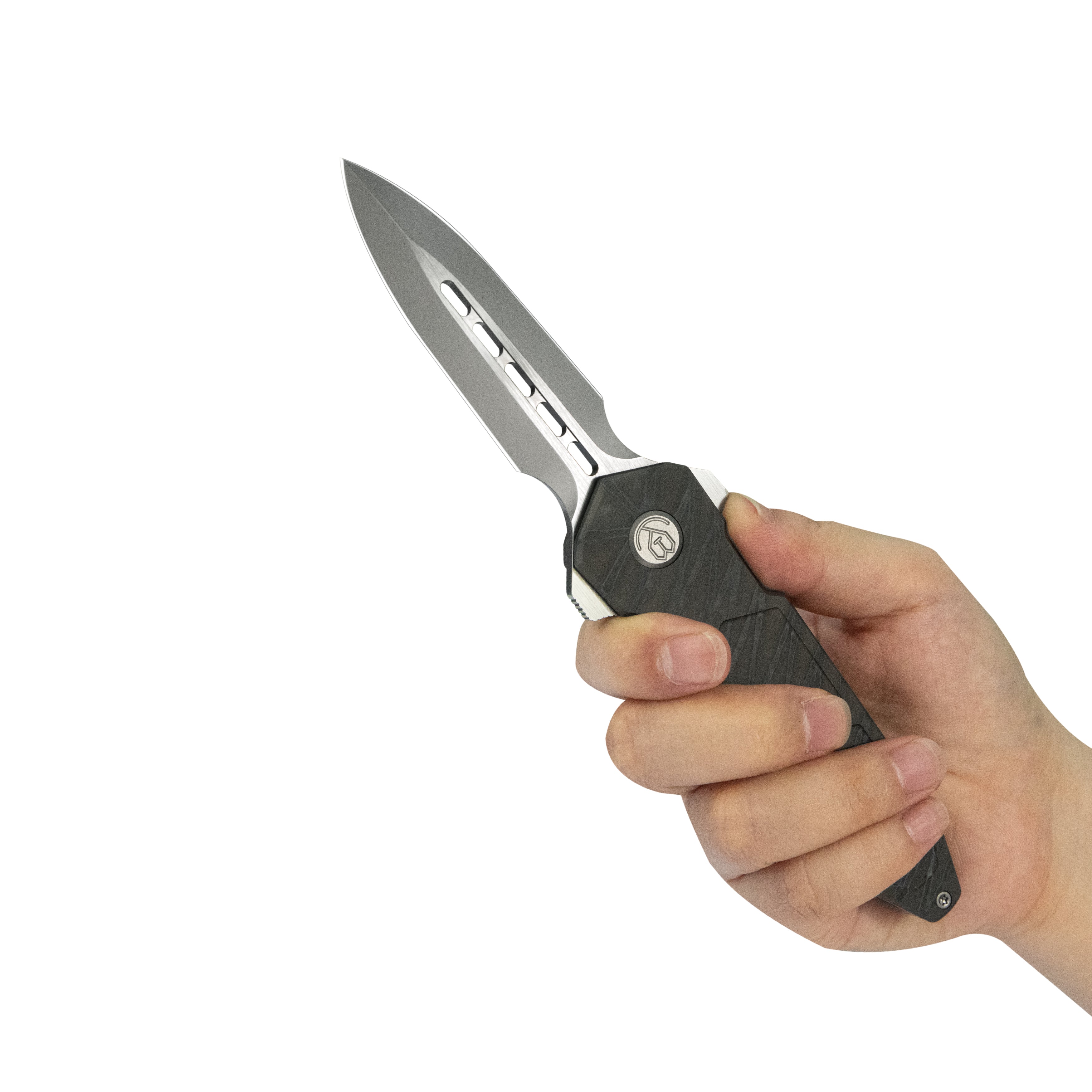 KB Urban Dagger Double Edge Folding Knife Flame Ano Titanium Handle 3.19'' Satin & Beadblast M390 Blade KB416B