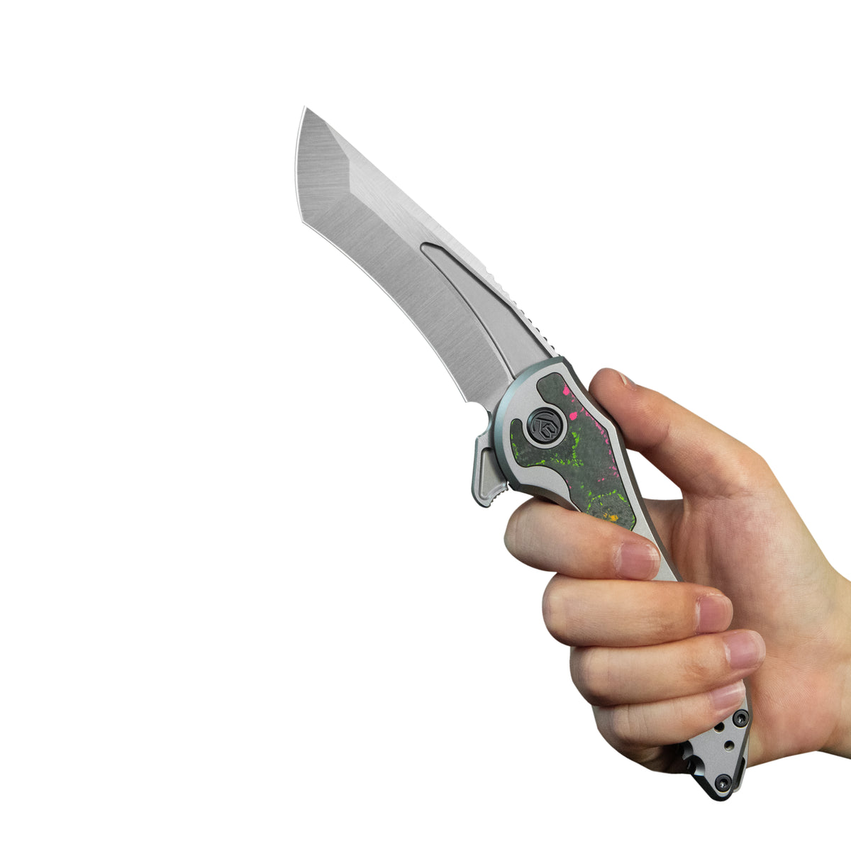 KB Coronado Folding Knife Sandblasting Titanium with 80's Camo Carbon inlay Handle 3.70'' Belt Satin M390 Blade KB517A