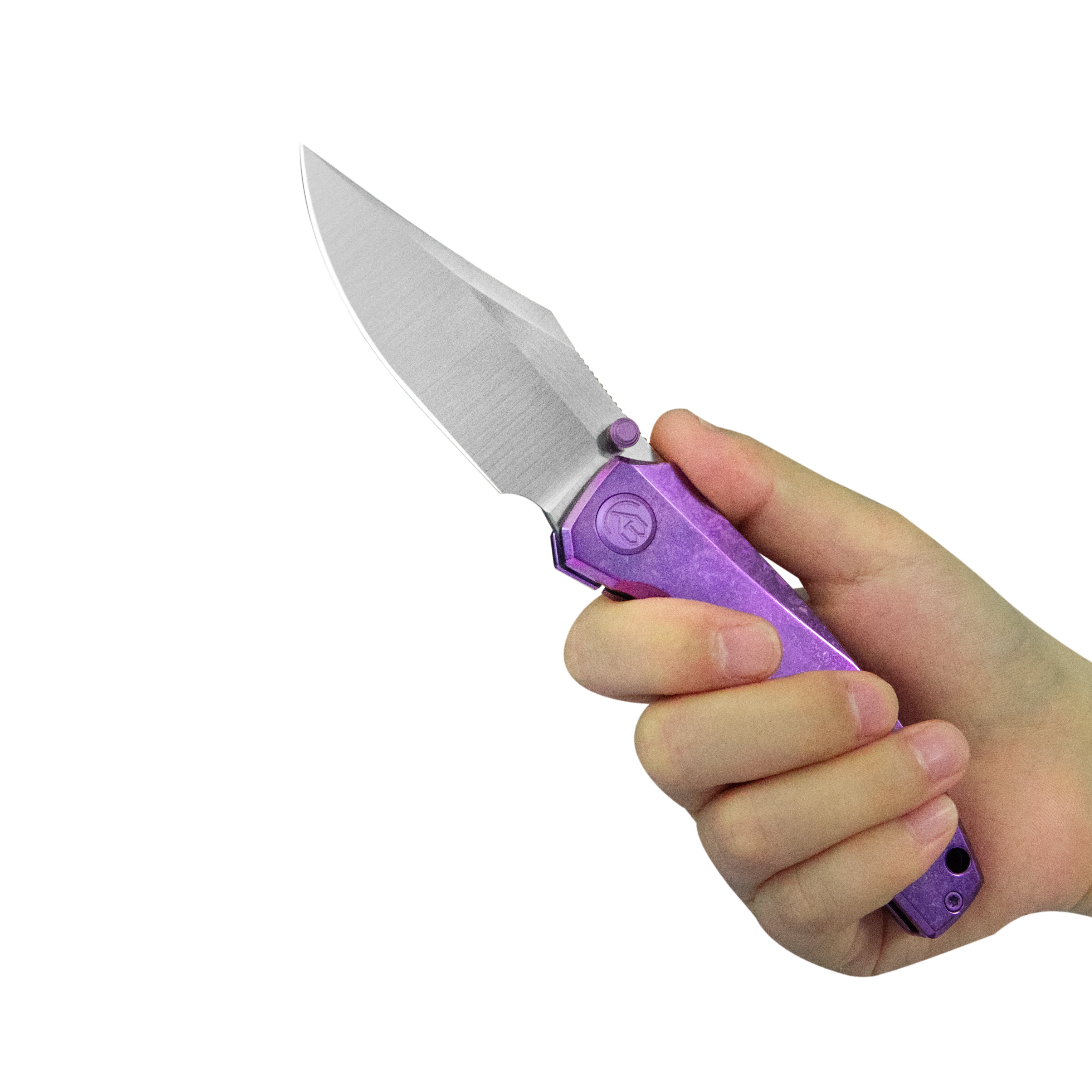 KB Classico Frame Locking Folding Knife Purple Crystallized Titanium Handle 3.38" Belt Satin M390 Blade KB478D
