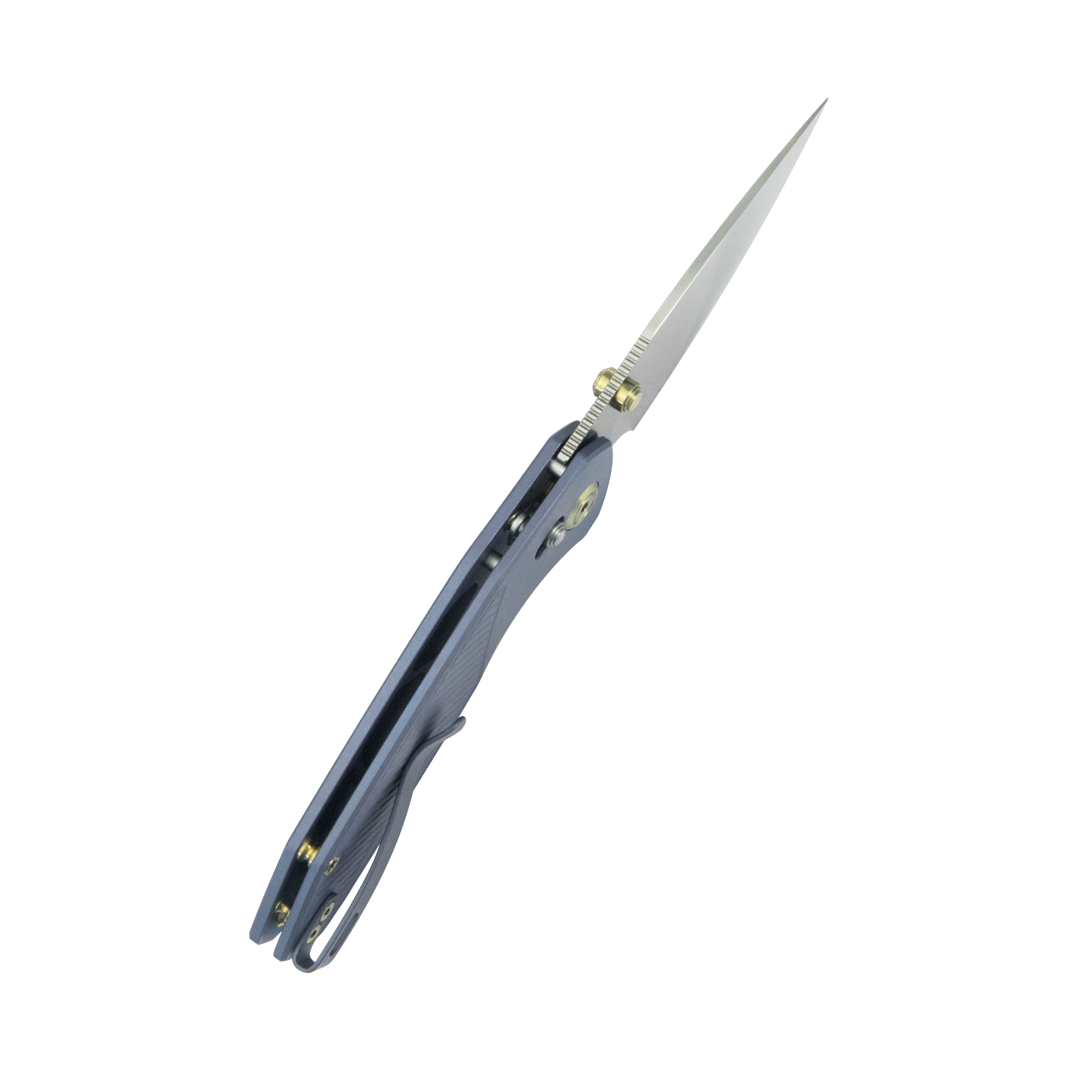 KB Aero Air Pocket Knife Gray Crossbar Lock Blue Ti Diagonal Milling 2.91" Satin M390 Blade KB488B
