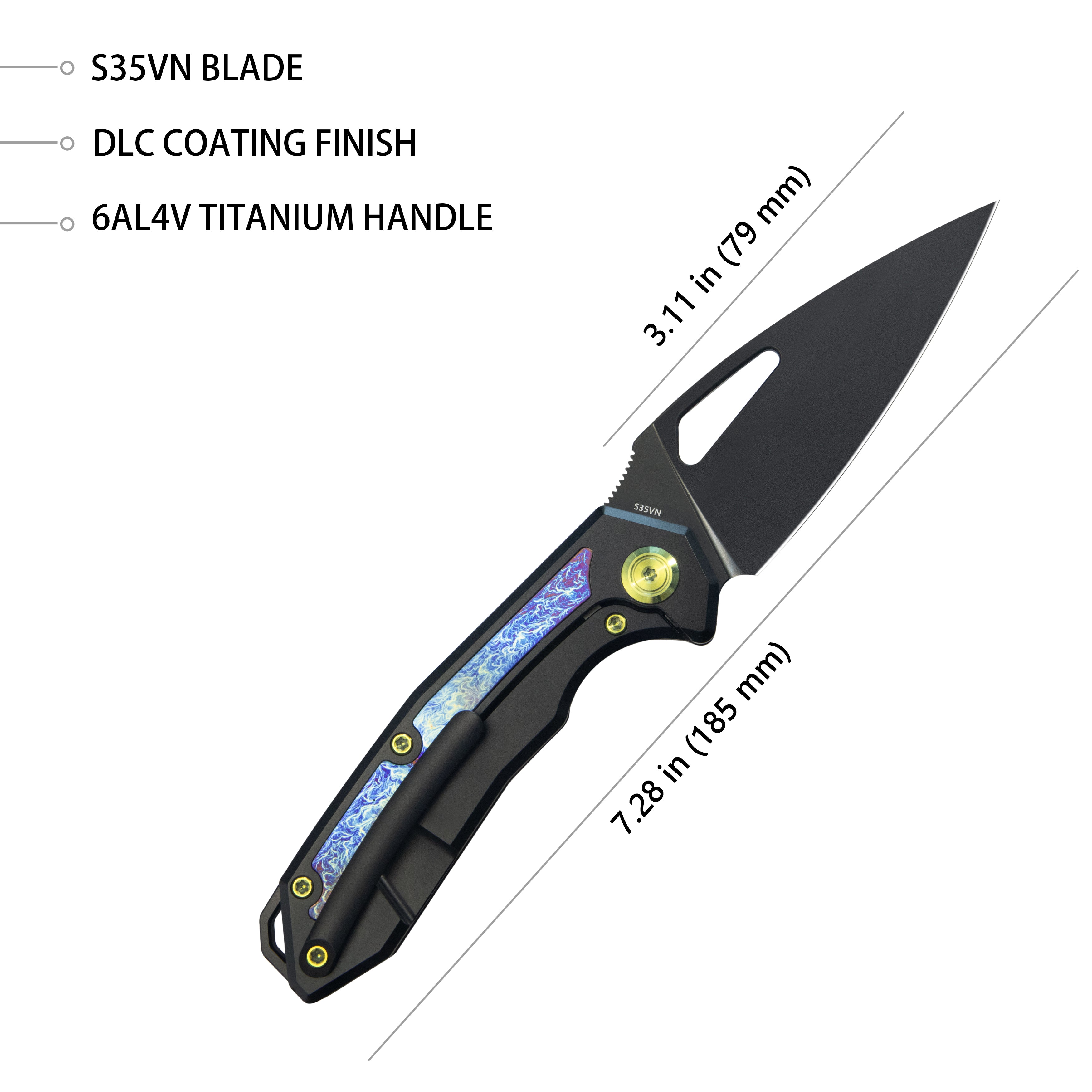 Coeus Outdoor Folding Knife Black Titanium Handle 3.11" Black DLC S35VN Blade KB286B