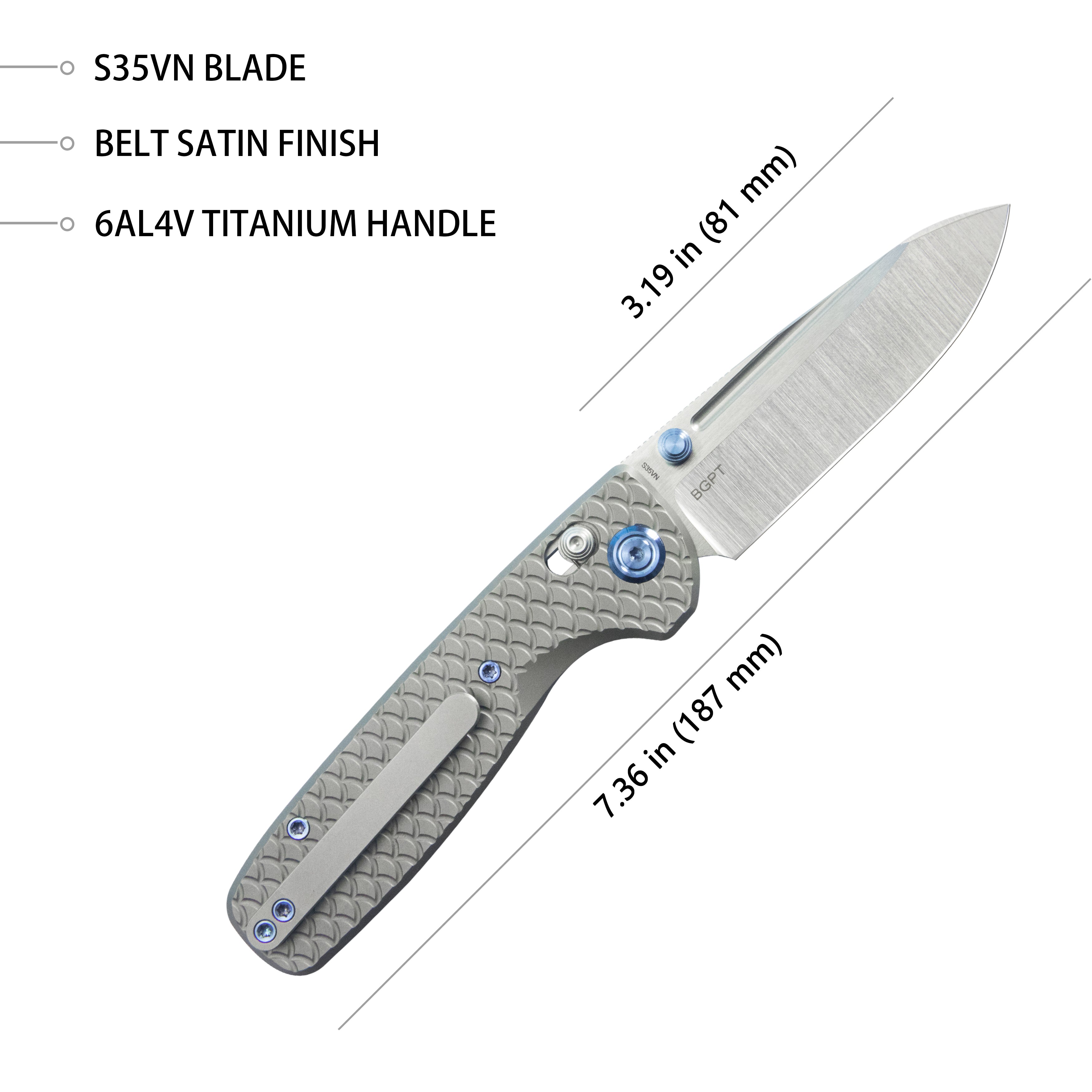 Bluff Axis lock Folding Knife Raw Titanium 3.19" Belt Satin KB383A