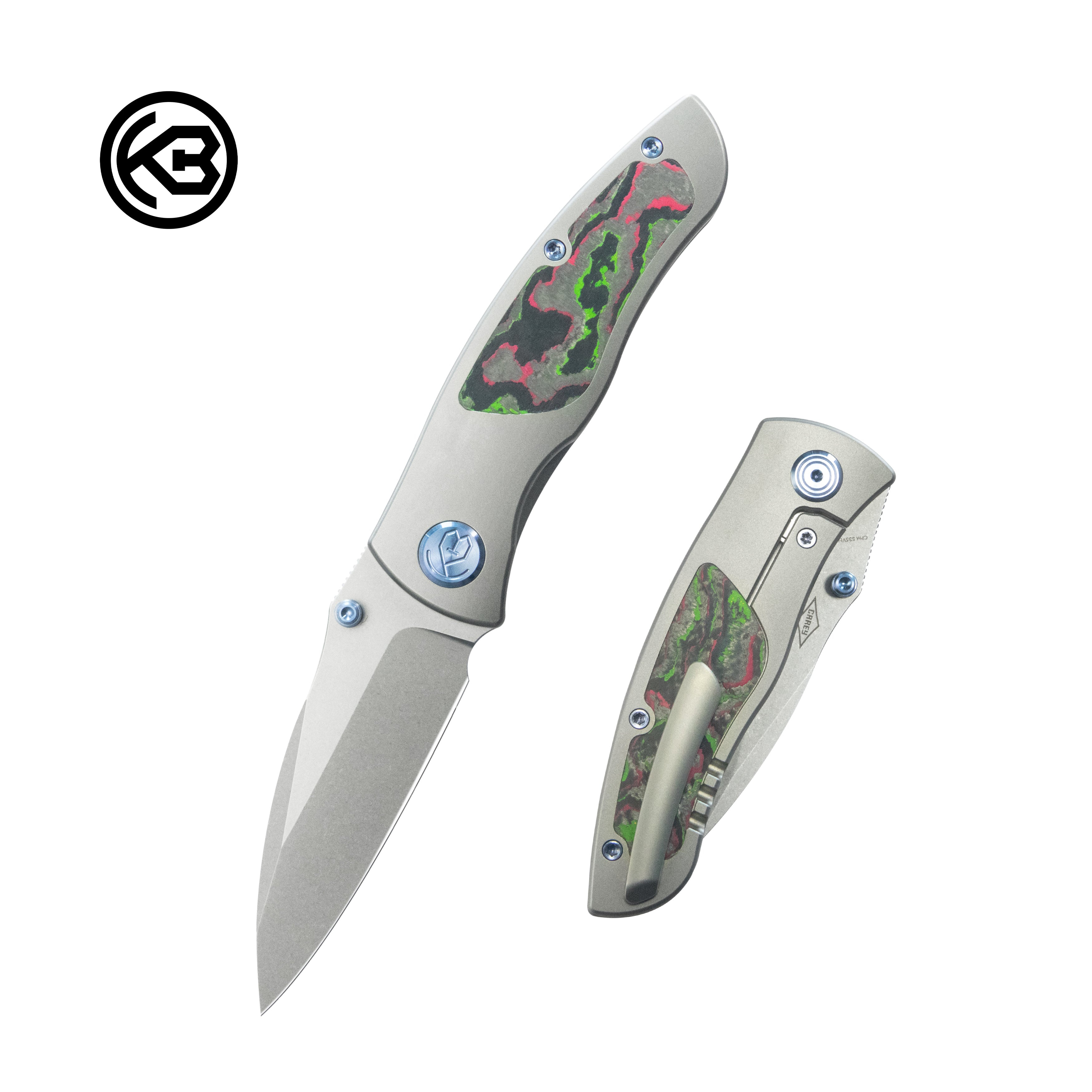 Vertigo Frame Lock Folding Knife Gray Ti w/ Watermelon Sugar CF Inlays 3.11" Stonewash S35VN Blade KB258B