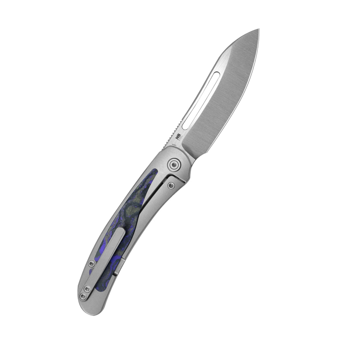 KB Finesse Folding Knife Sandblasting Titanium with Purple Carbon inlay Handle 3.54" Belt Satin Bohler M390 Blade KB399A