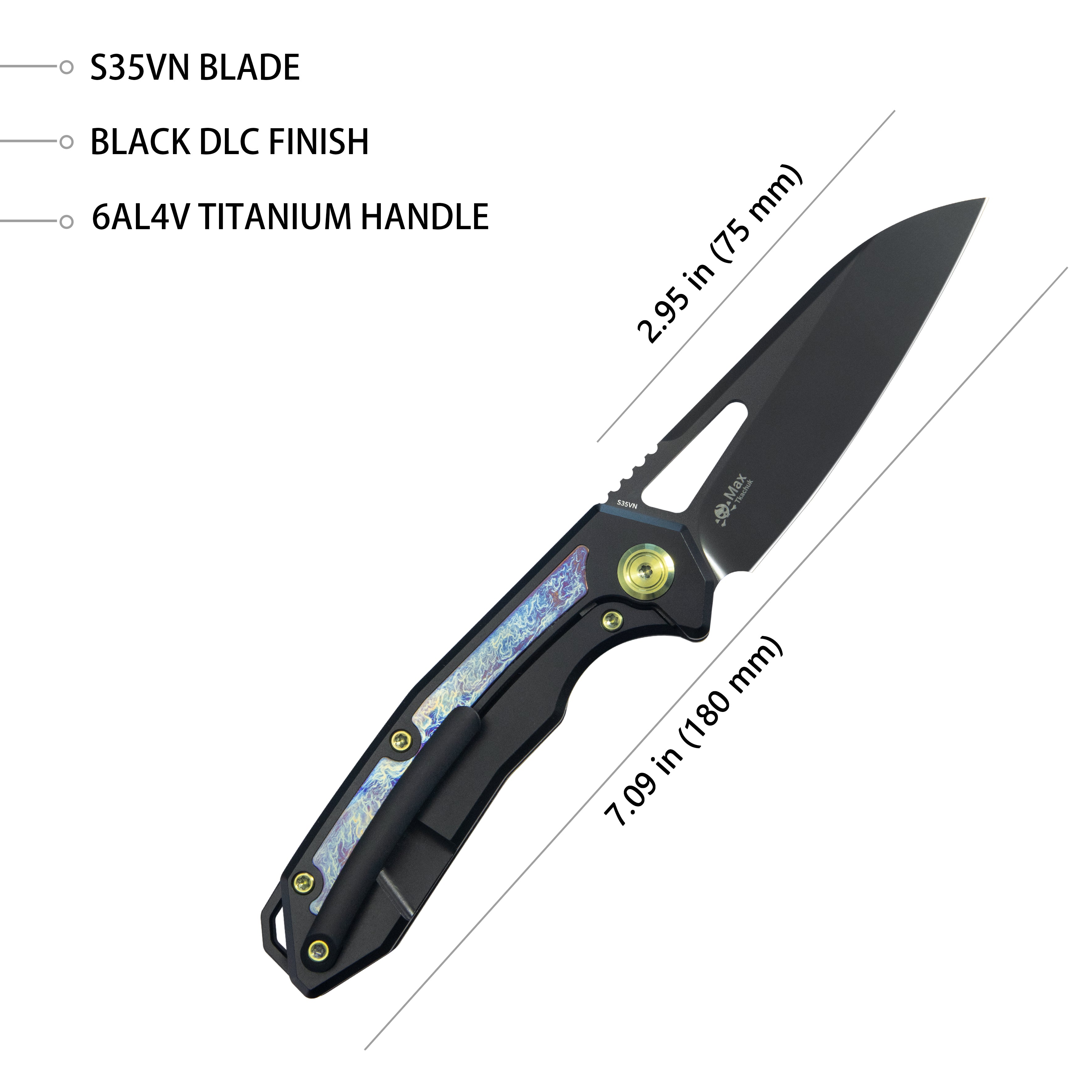 Vagrant Pocket Knife Everyday Carry Black Titanium Handle 2.95" Black DLC S35VN Blade KB284I