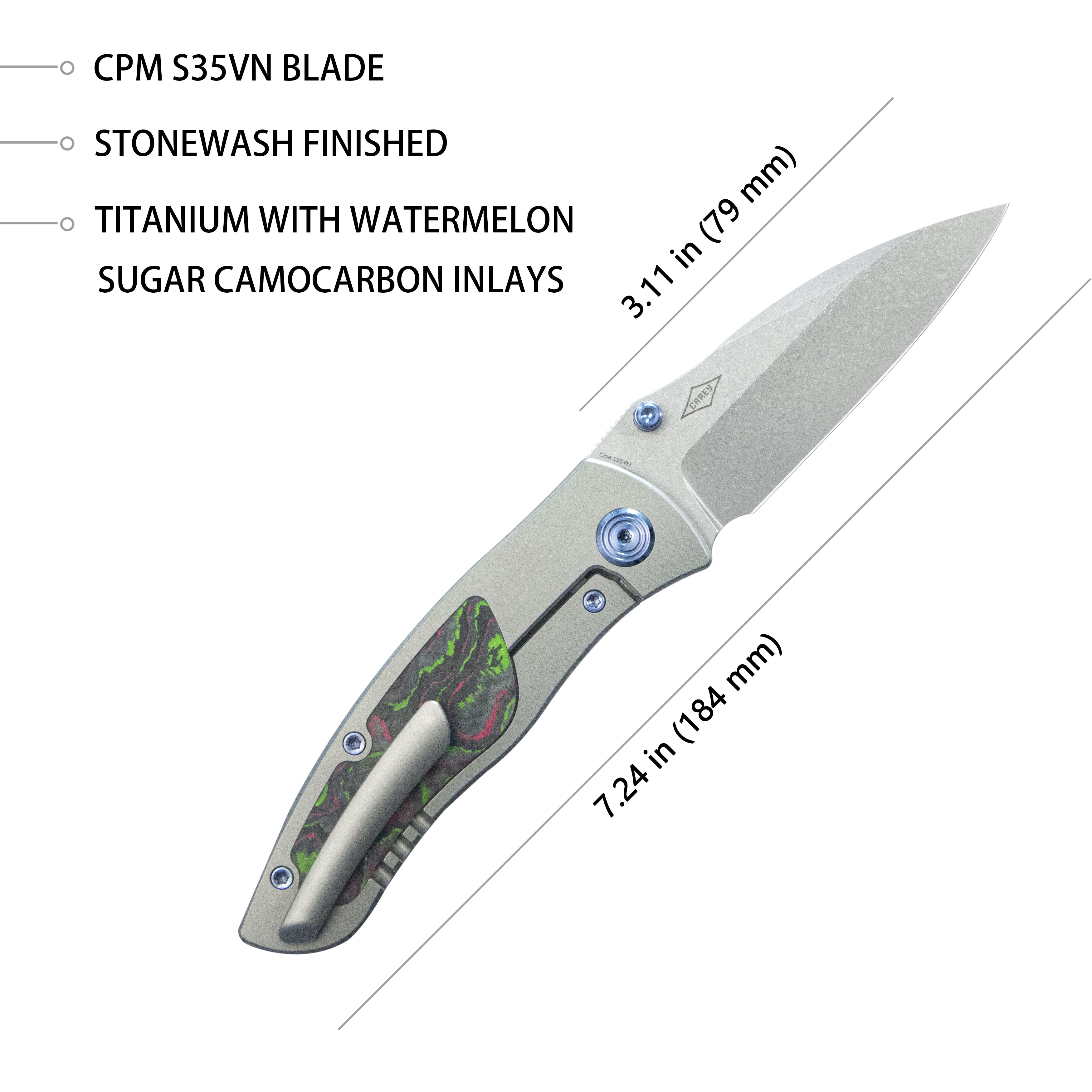 Vertigo Frame Lock Folding Knife Gray Ti w/ Watermelon Sugar CF Inlays 3.11" Stonewash S35VN Blade KB258B