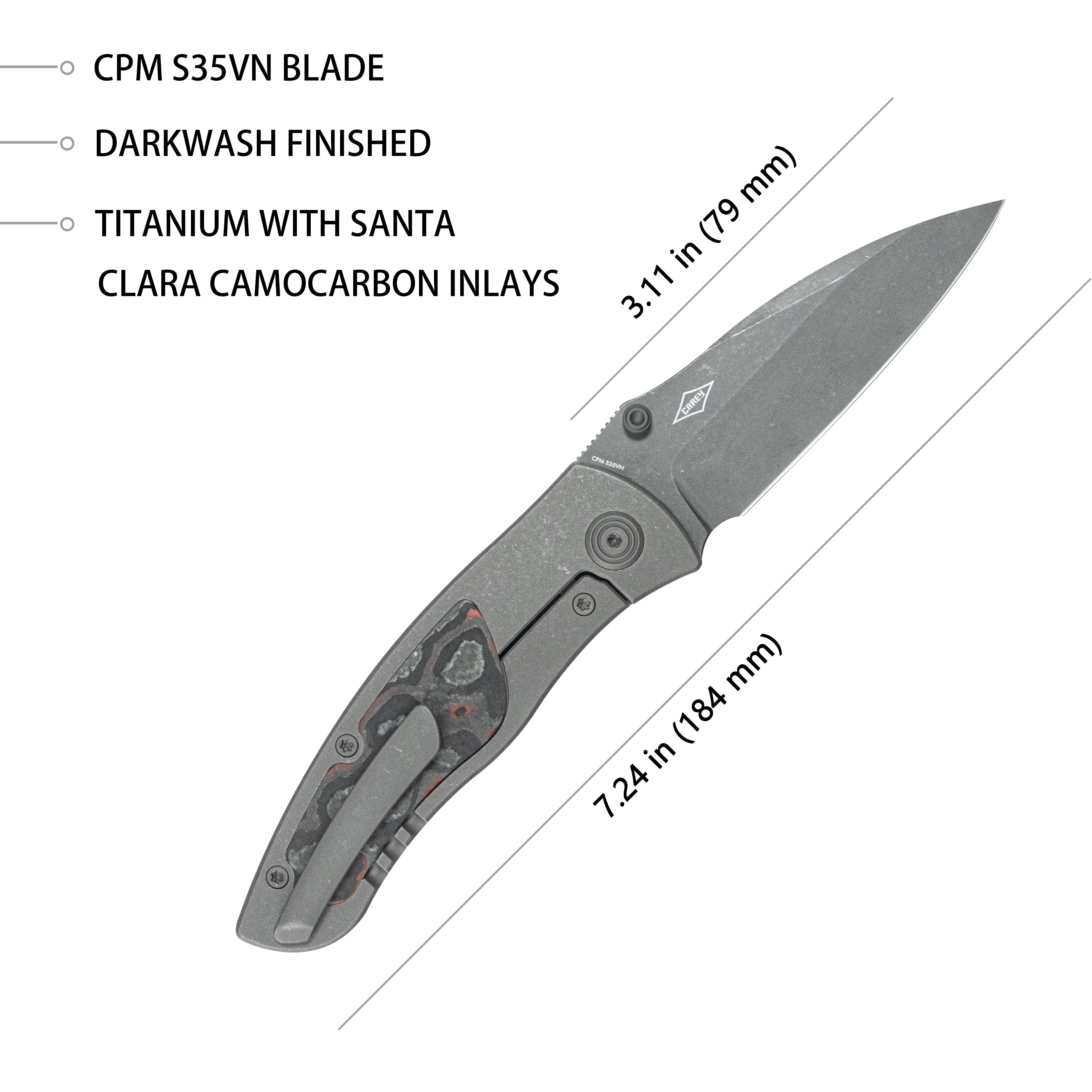 Vertigo Frame Lock Folding Knife Darkblast Ti w/ Santa Clara CF Inlays 3.11" Acid Etch and Stonewash S35VN Blade KB258A